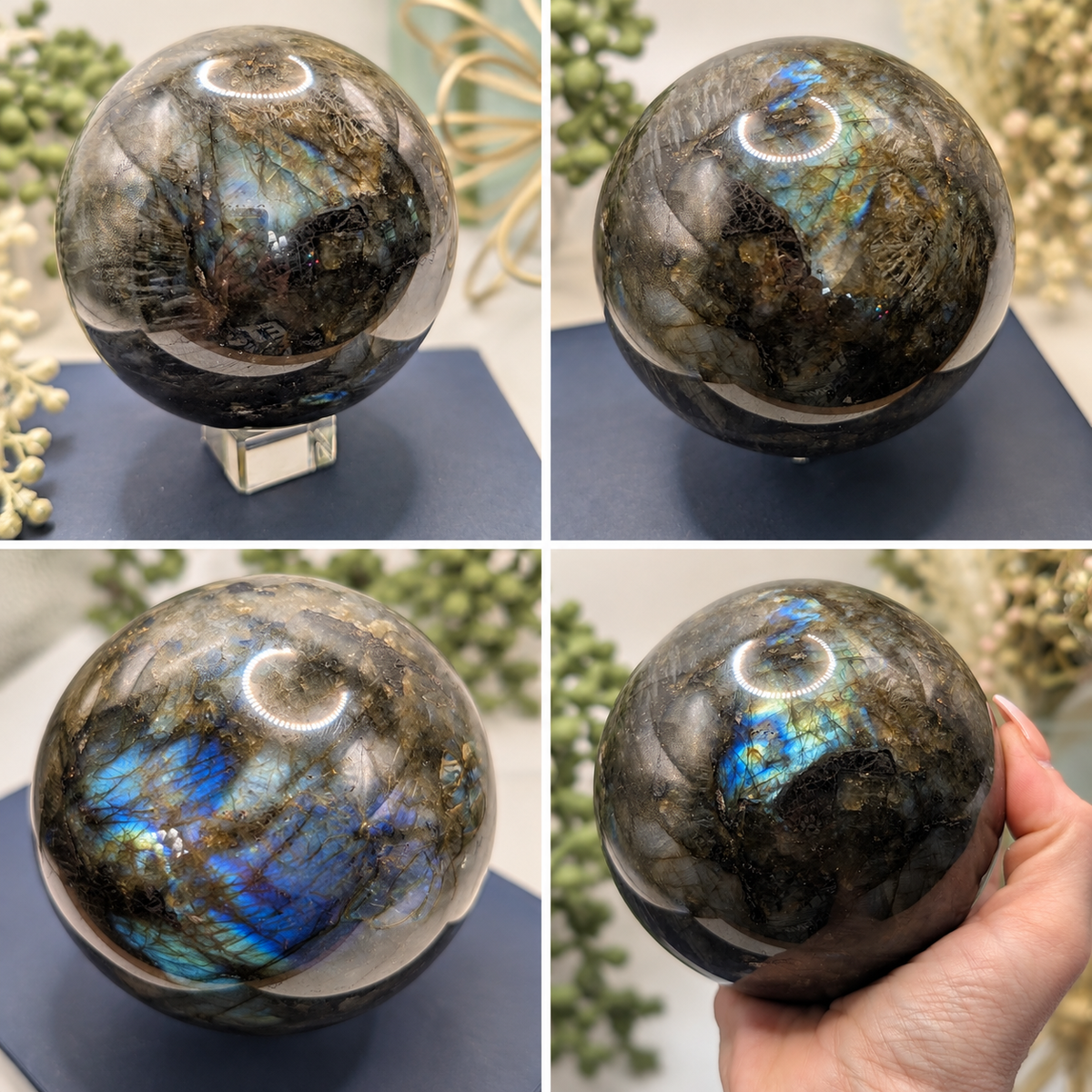 102mm blue and gold flash Labradorite sphere shown from multiple angles highlighting natural labradorescence