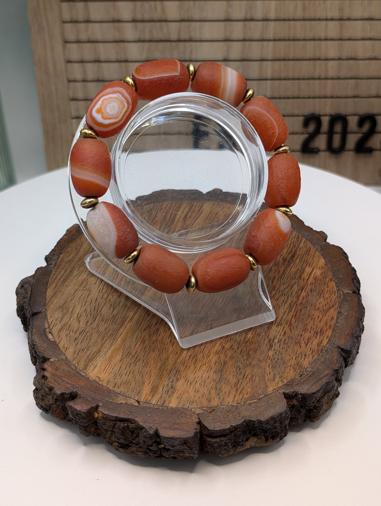 Gobi Agate 13mm Barrel Beaded Bracelet - Red (Dyed)