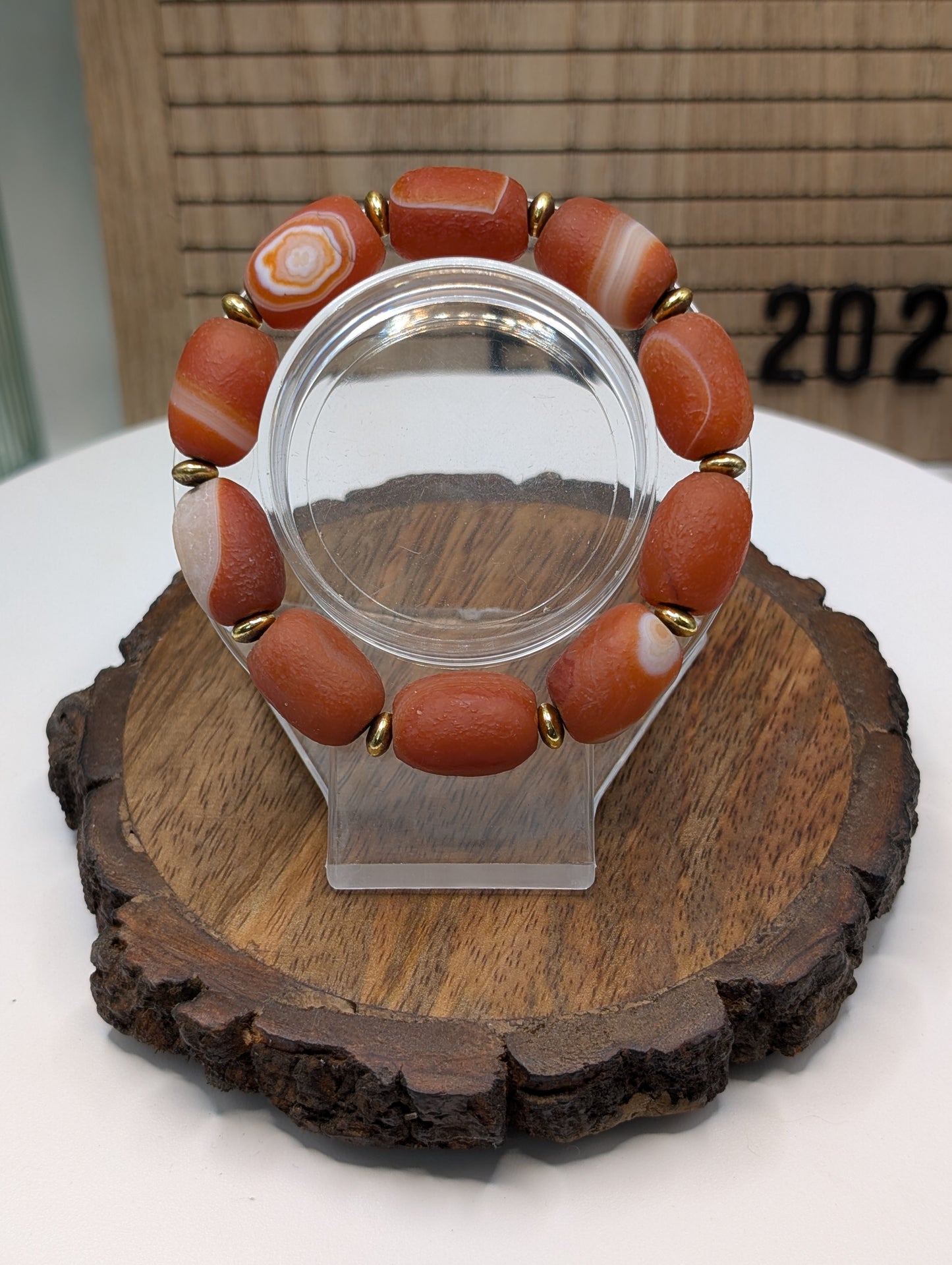 Gobi Agate 13mm Barrel Beaded Bracelet - Red (Dyed)