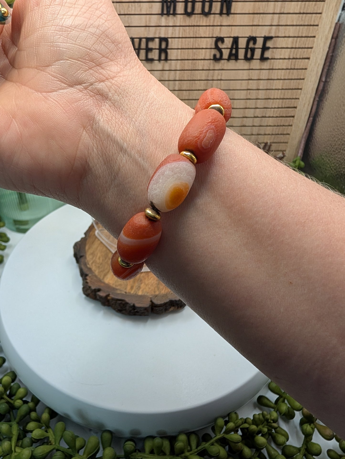 Gobi Agate 13mm Barrel Beaded Bracelet - Red (Dyed)