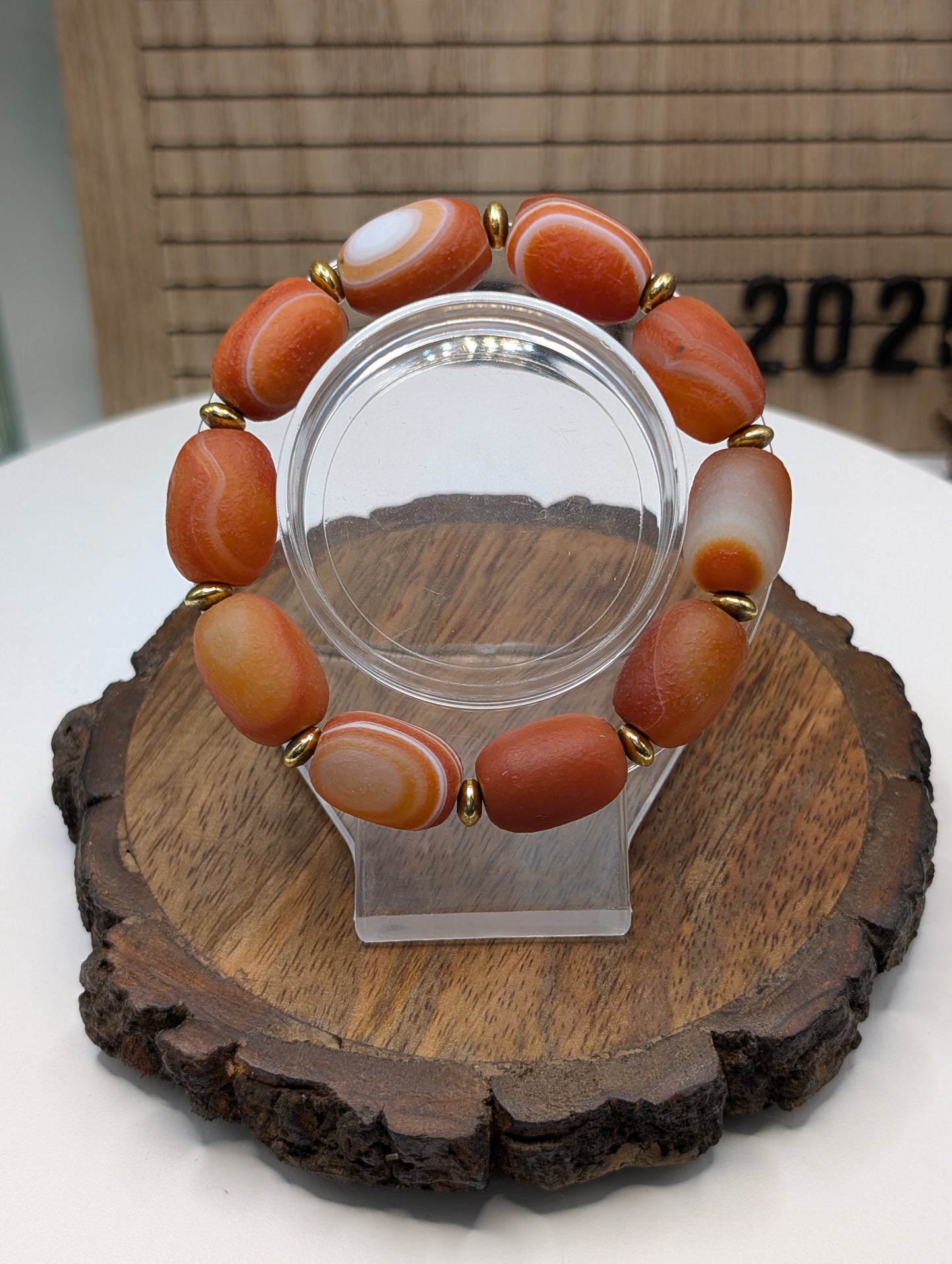 Gobi Agate 13mm Barrel Beaded Bracelet - Red (Dyed)