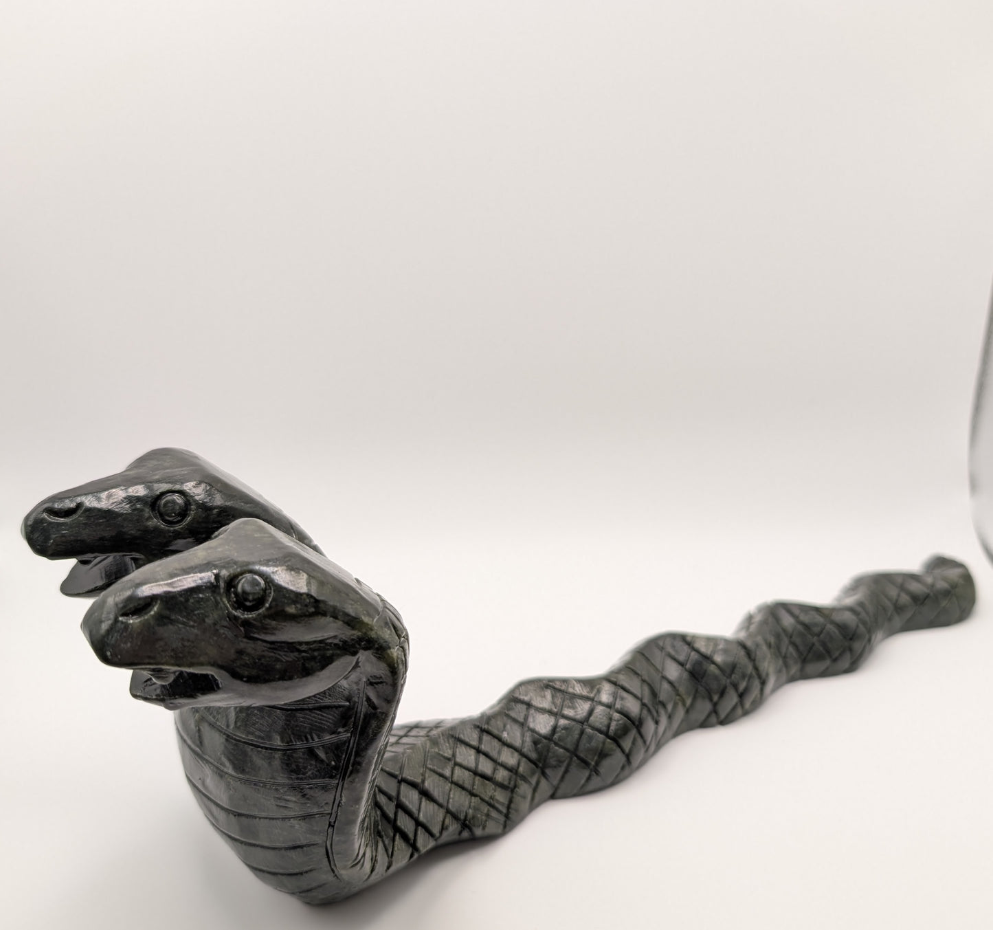 Hand-Carved Jade Double-Headed Snake – 13-Inch Powerful Green Jade Sculpture