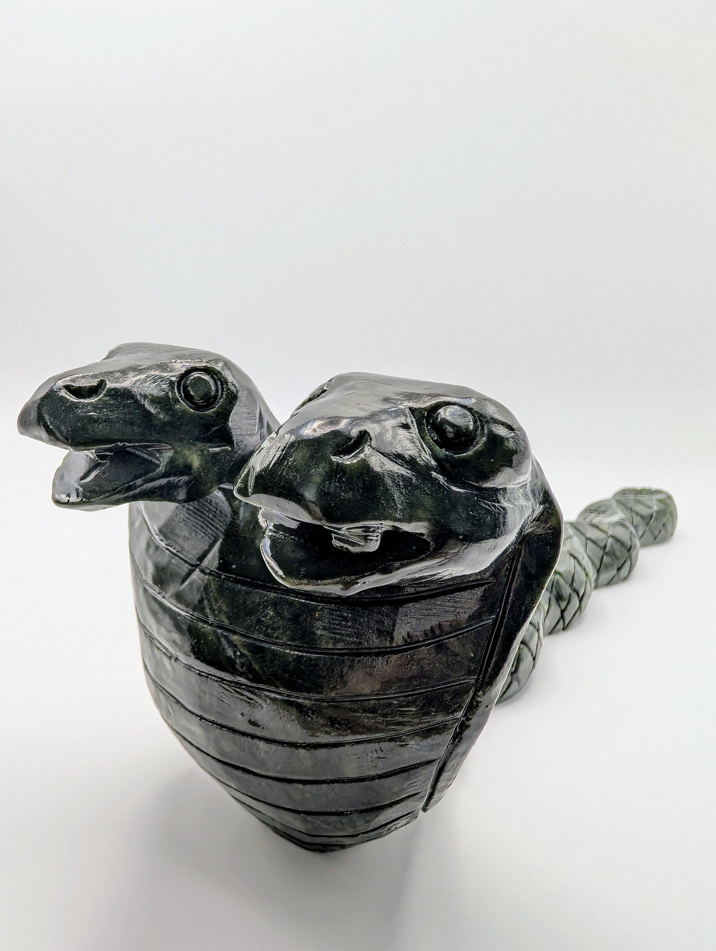 Hand-Carved Jade Double-Headed Snake – 13-Inch Powerful Green Jade Sculpture