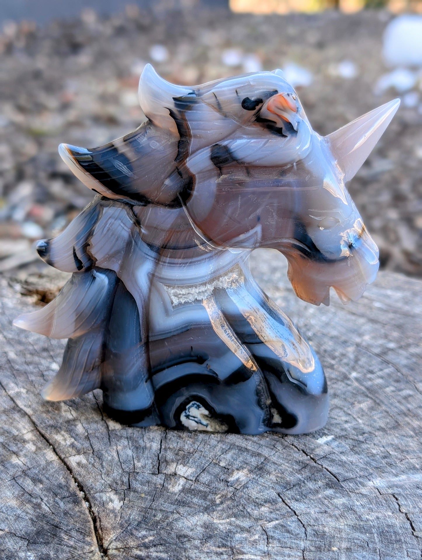 Beautiful Blue & Grey Agate Unicorn Carving with Great Banding!
