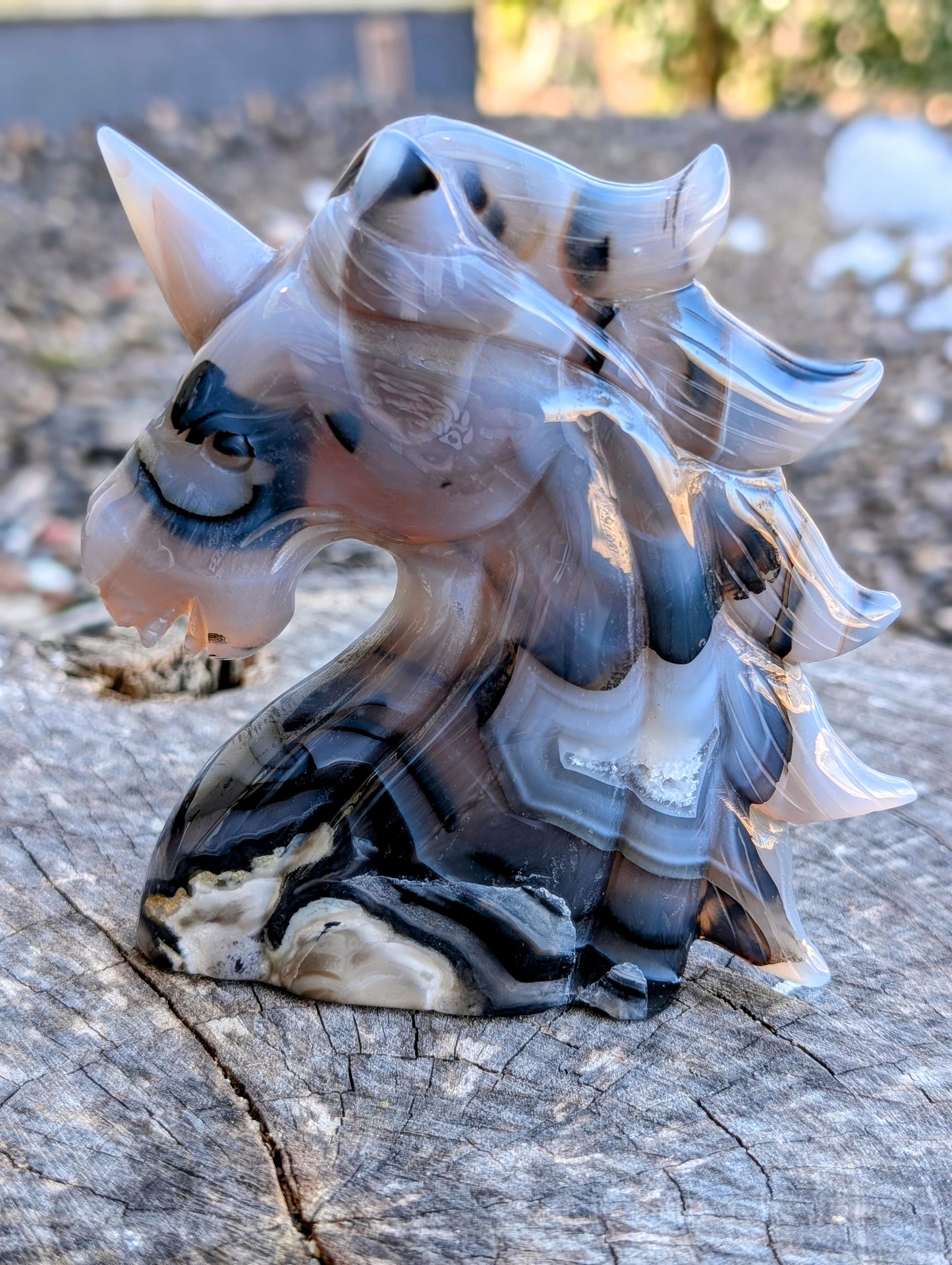 Beautiful Blue & Grey Agate Unicorn Carving with Great Banding!
