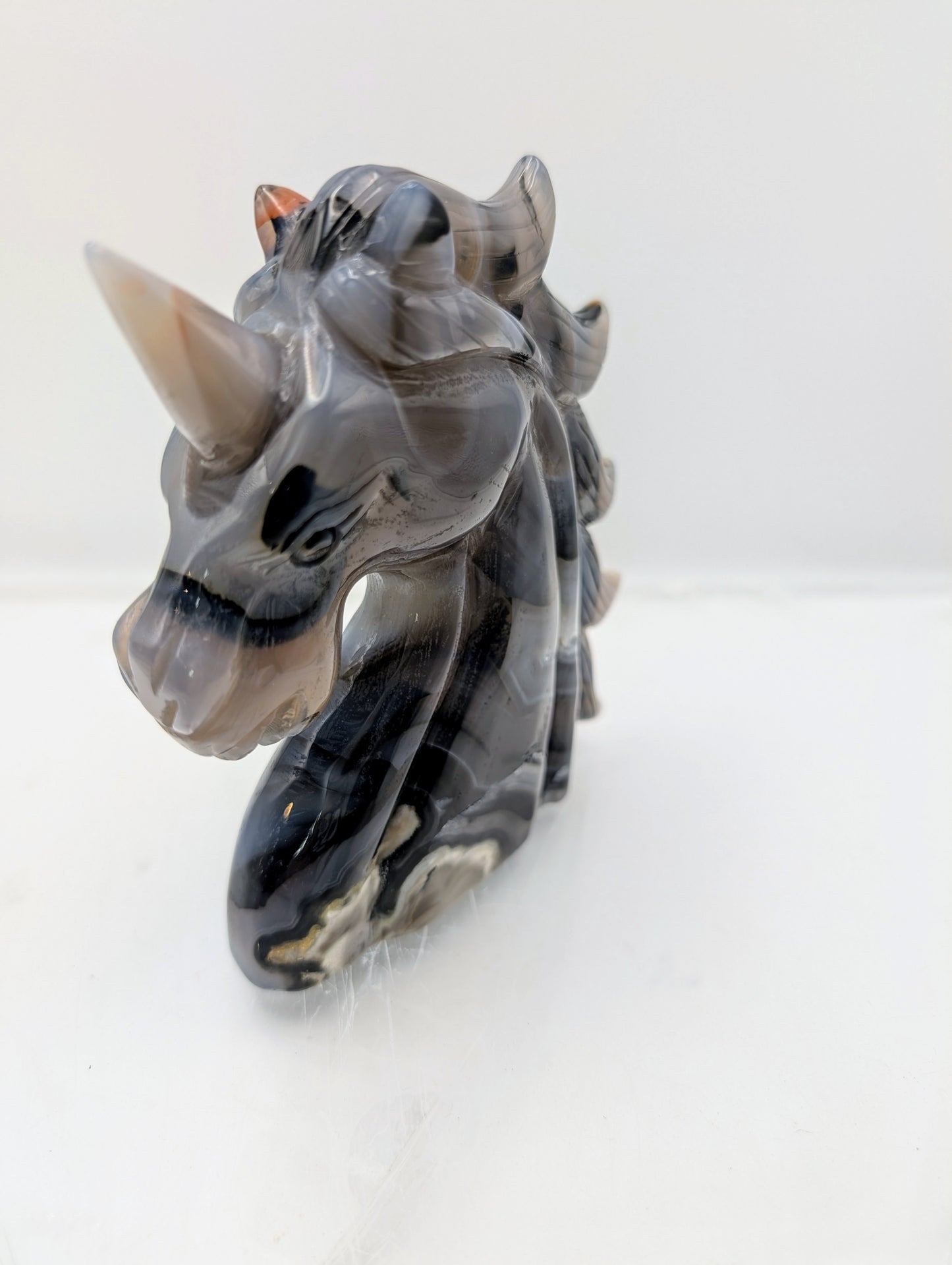 Beautiful Blue & Grey Agate Unicorn Carving with Great Banding!