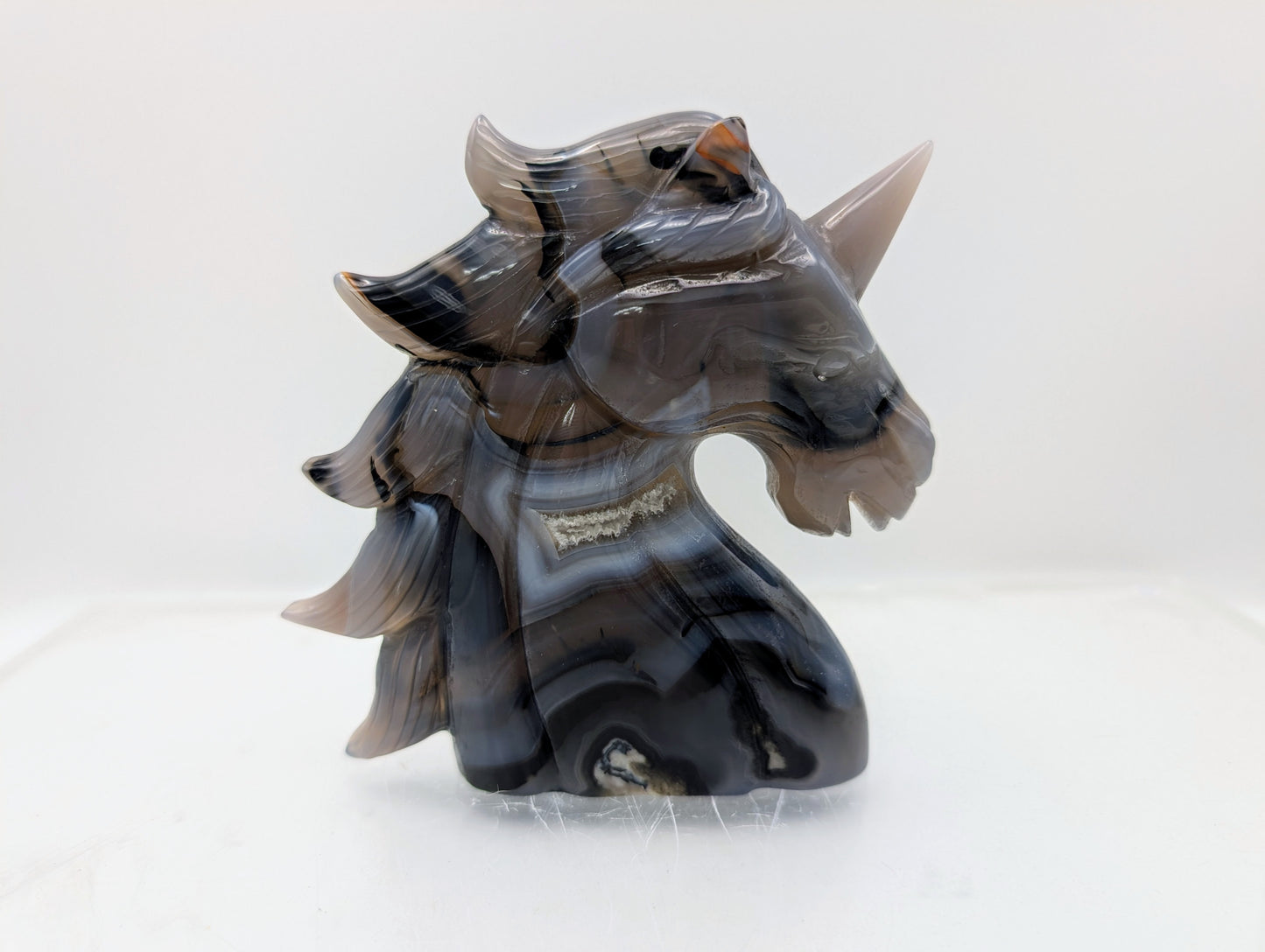 Beautiful Blue & Grey Agate Unicorn Carving with Great Banding!