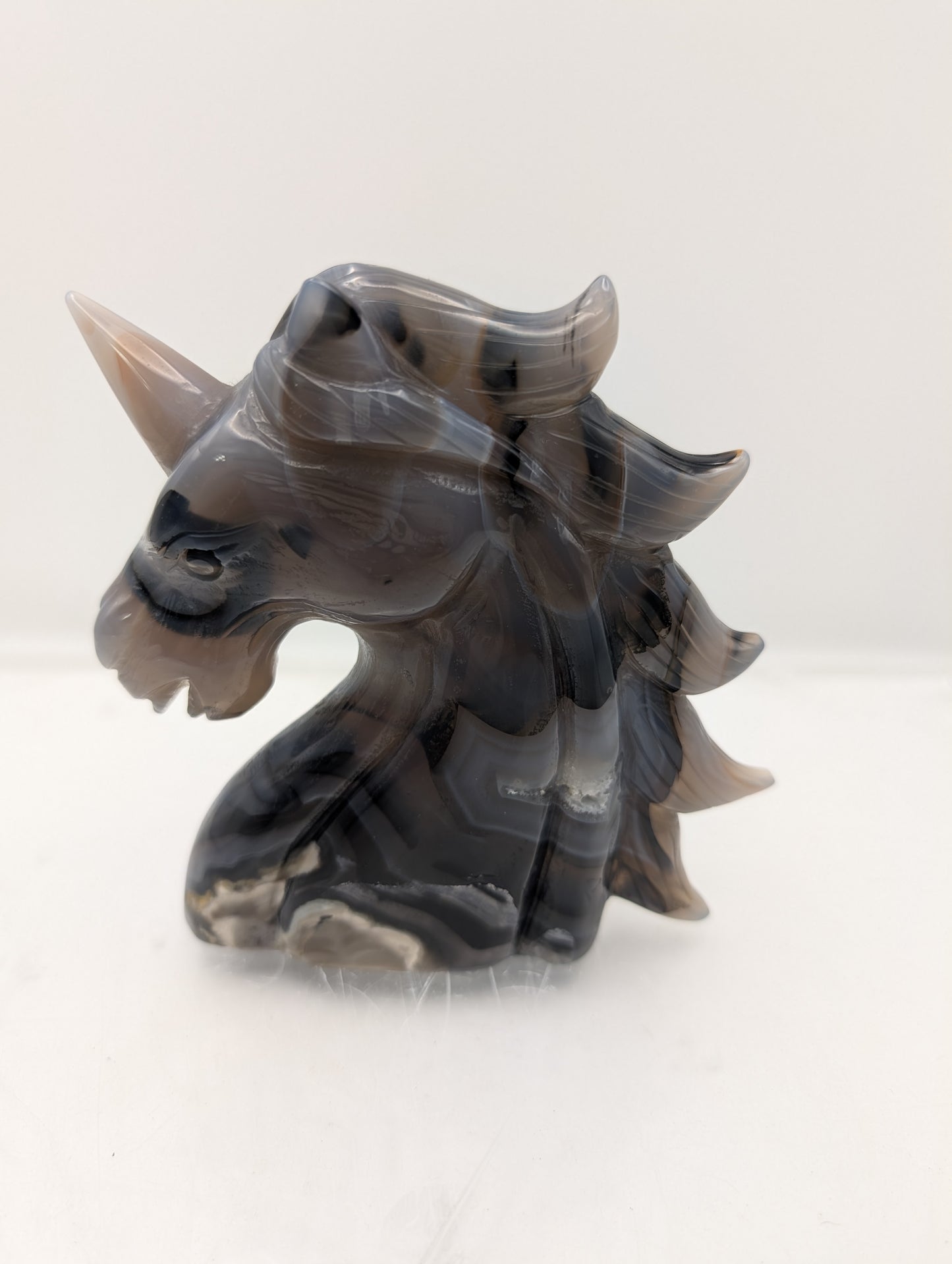 Beautiful Blue & Grey Agate Unicorn Carving with Great Banding!