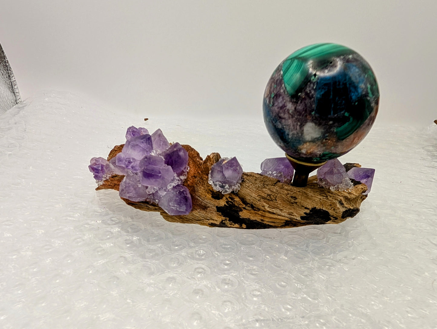 Natural Drift Wood with Amethyst Clusters - Sphere Stands