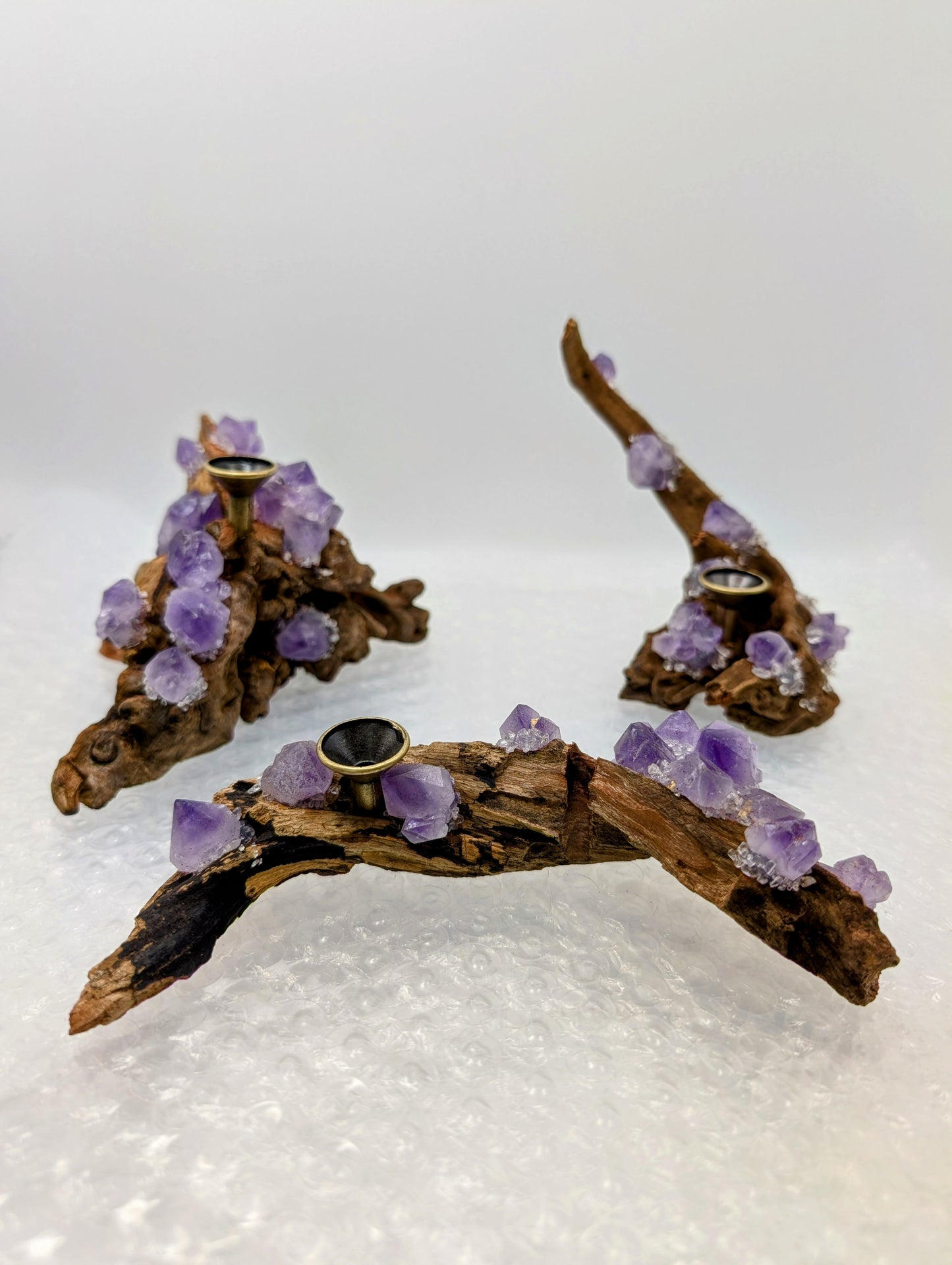 Natural Drift Wood with Amethyst Clusters - Sphere Stands