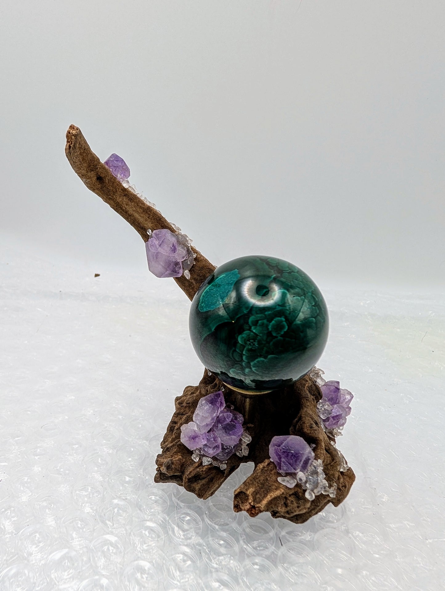 Natural Drift Wood with Amethyst Clusters - Sphere Stands
