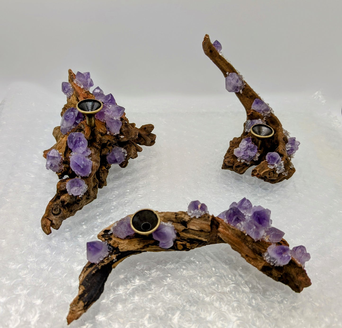 Natural Drift Wood with Amethyst Clusters - Sphere Stands