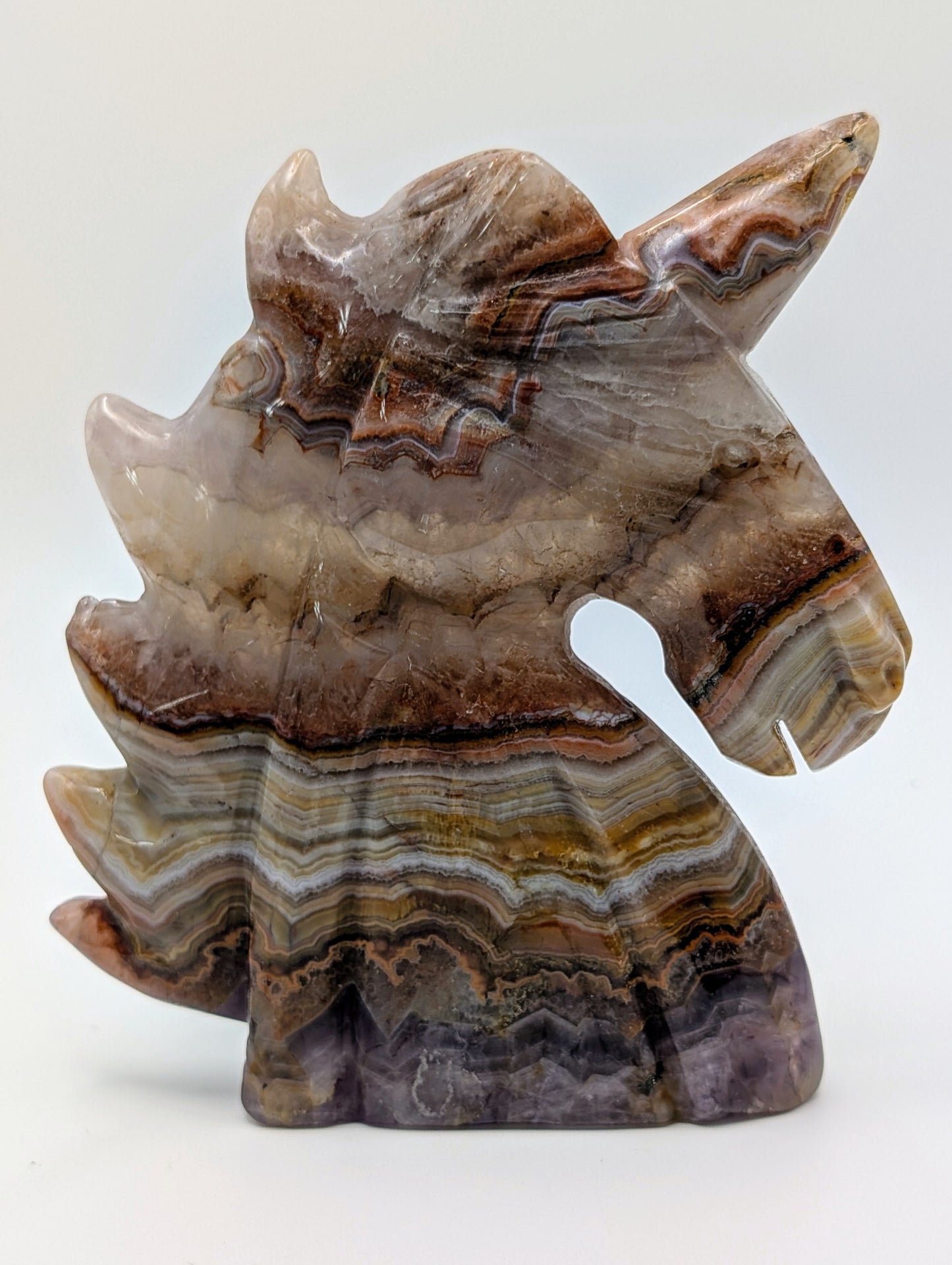 Hand-Carved Amethyst Agate Unicorn Head – Stunning Mythical Sculpture with Intricate Detailing
