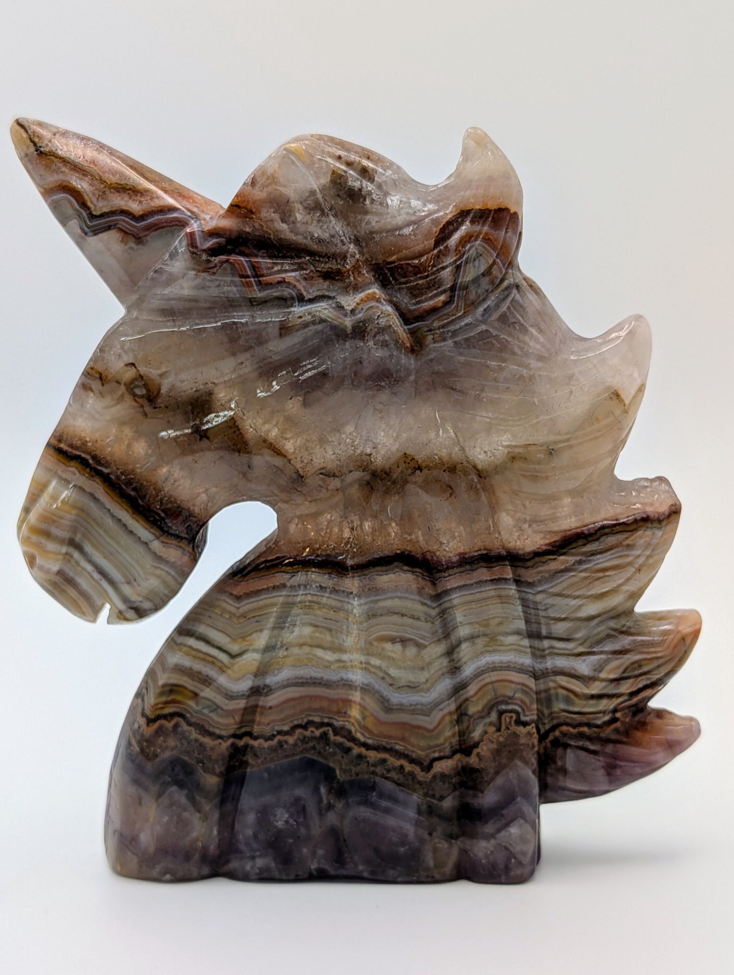 Hand-Carved Amethyst Agate Unicorn Head – Stunning Mythical Sculpture with Intricate Detailing