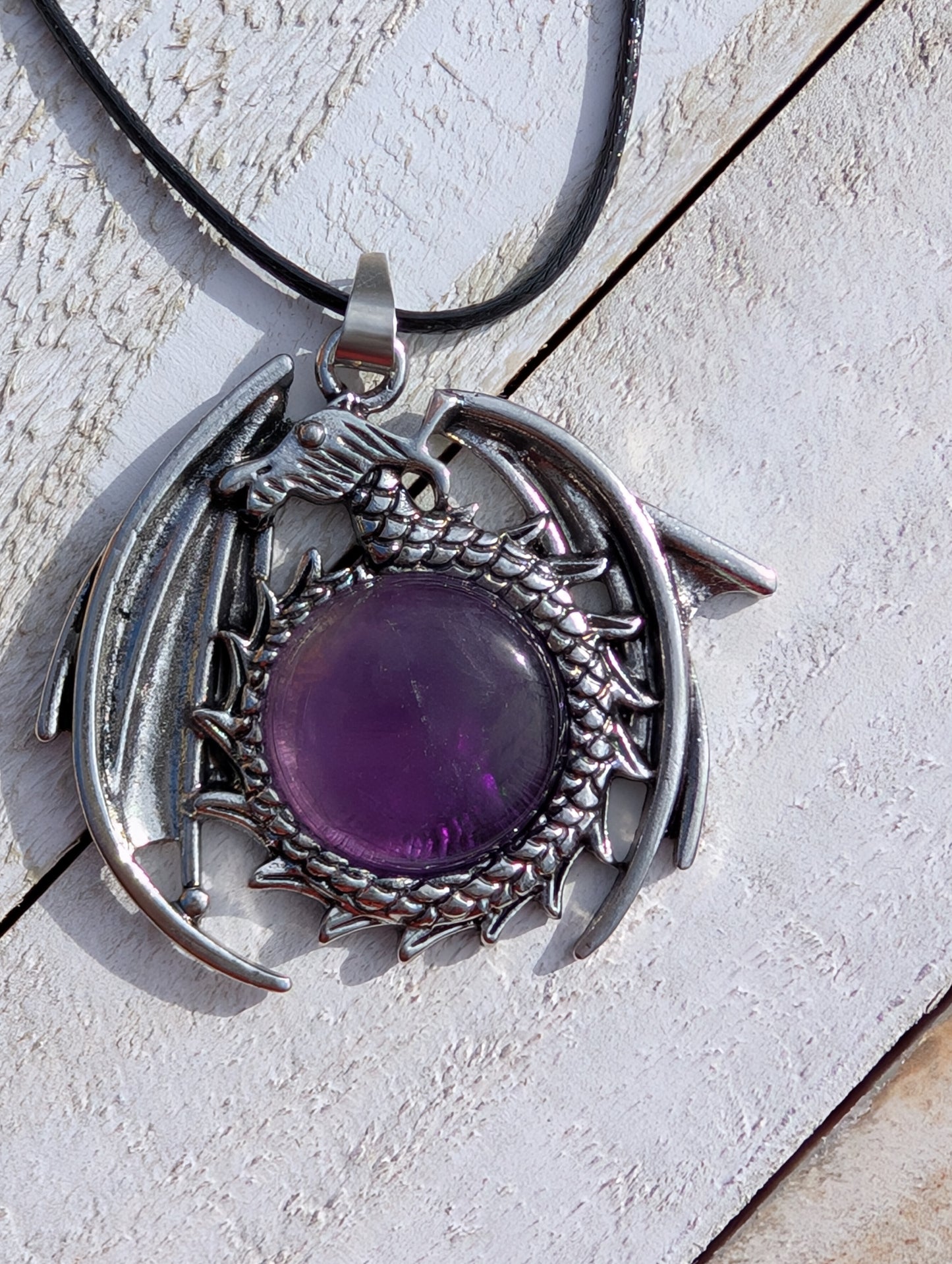 Silver Dragon with Crystal Pendant on Black Wax Rope Chain
