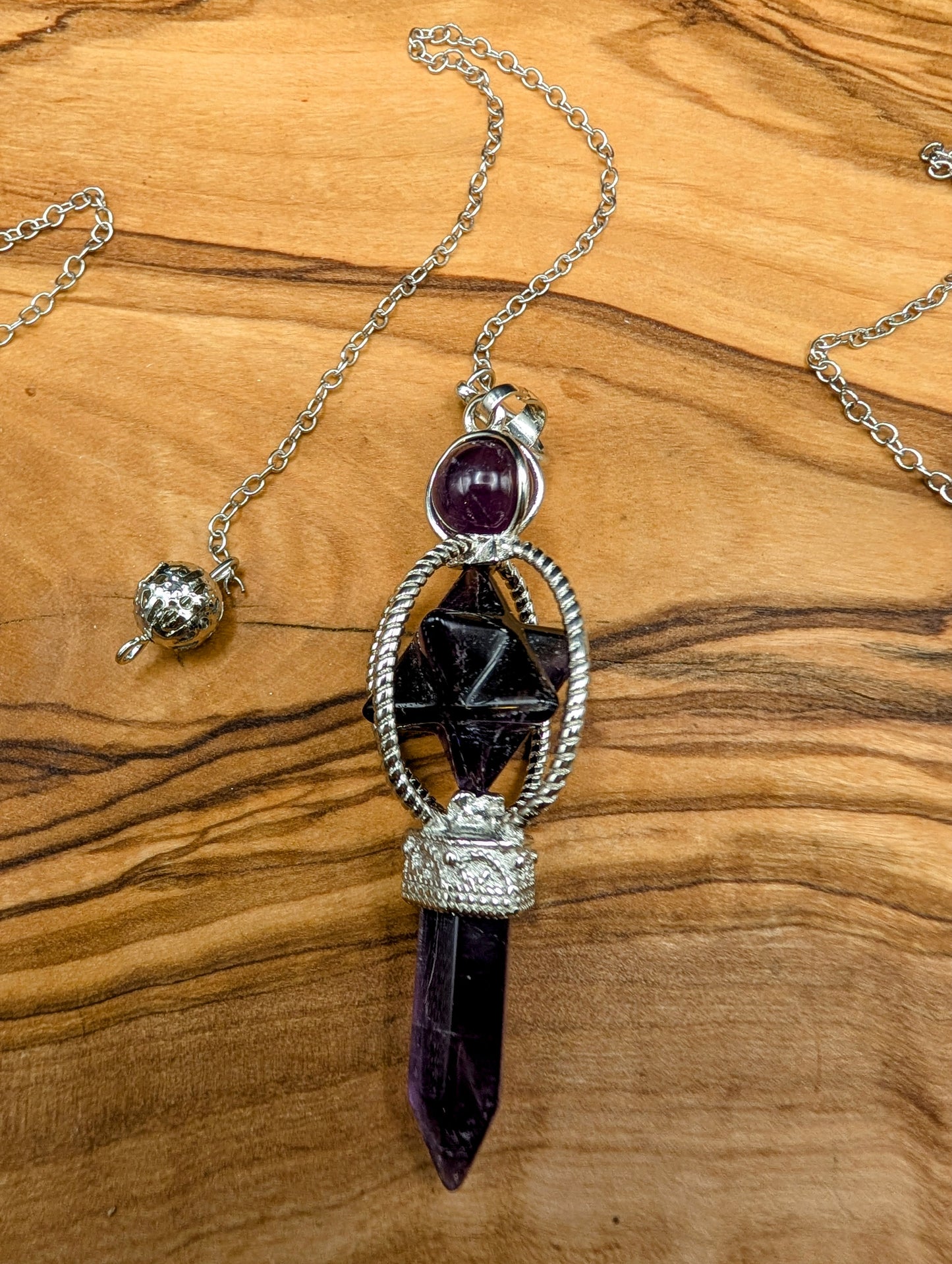Crystal Merkaba Pendulum with Crystal Points on Silver chains
