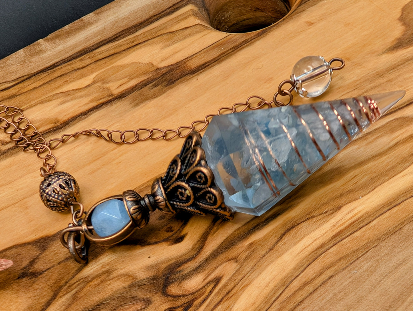 Resin Pendulum With Copper Wire and Crystal Chips & Clear Quartz Beads for Balance