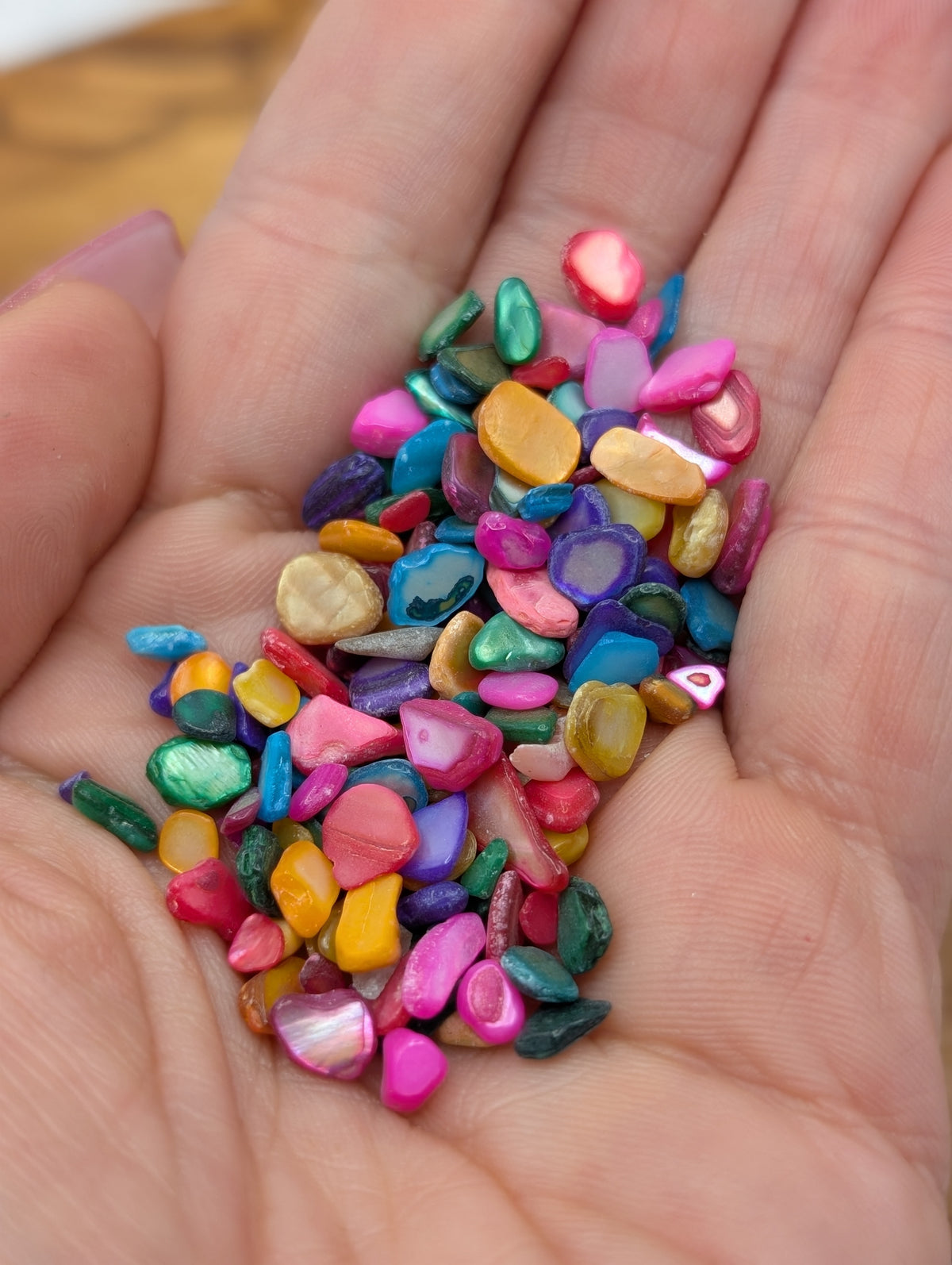 Mixed dyed rainbow agate-style stone chips in bright pink blue purple green yellow and orange