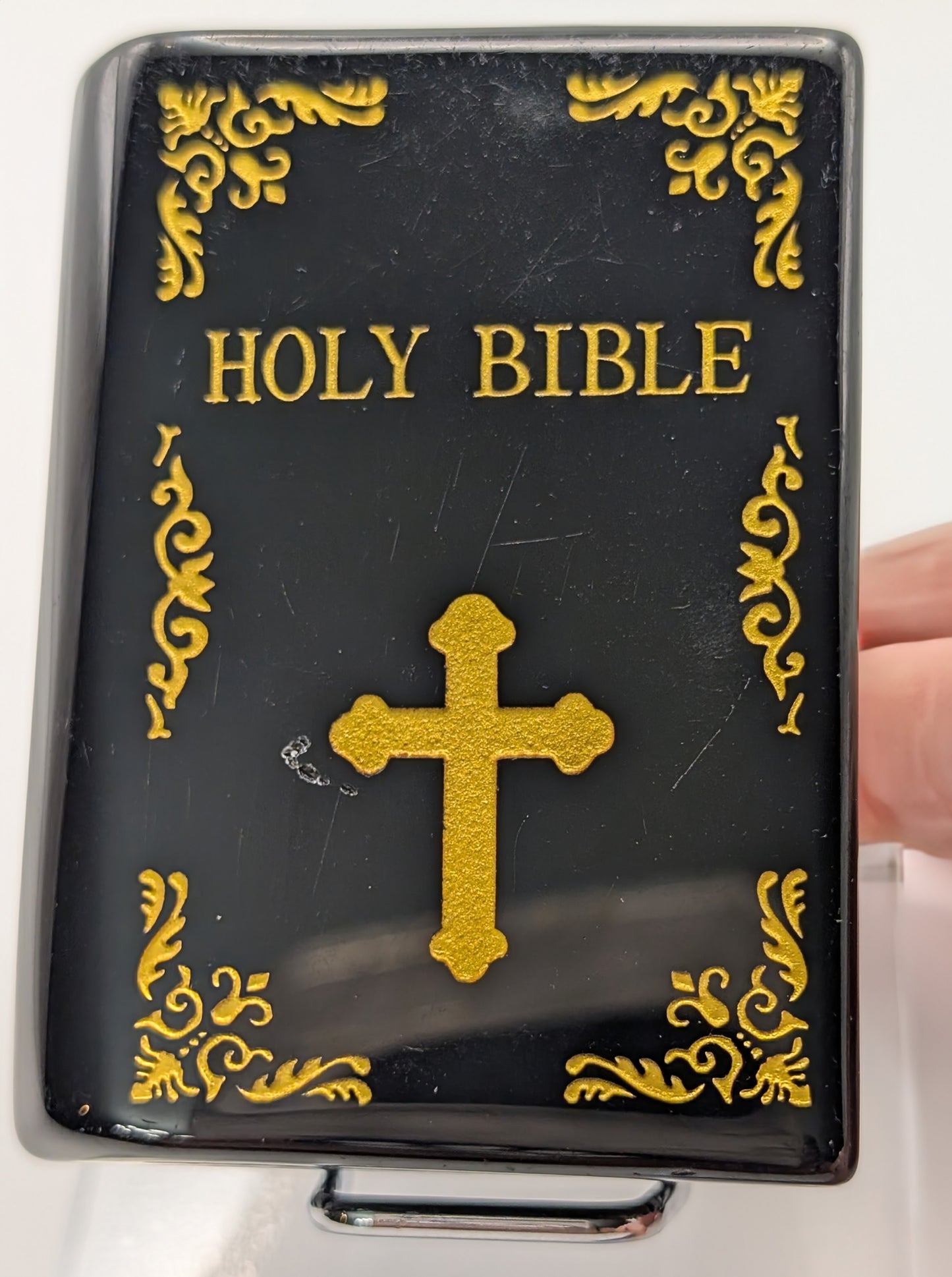 Gorgeous Shiny Black Obsidian Crystal Holy Bible Carving with Golden Intricate Detailing comes with a display stand