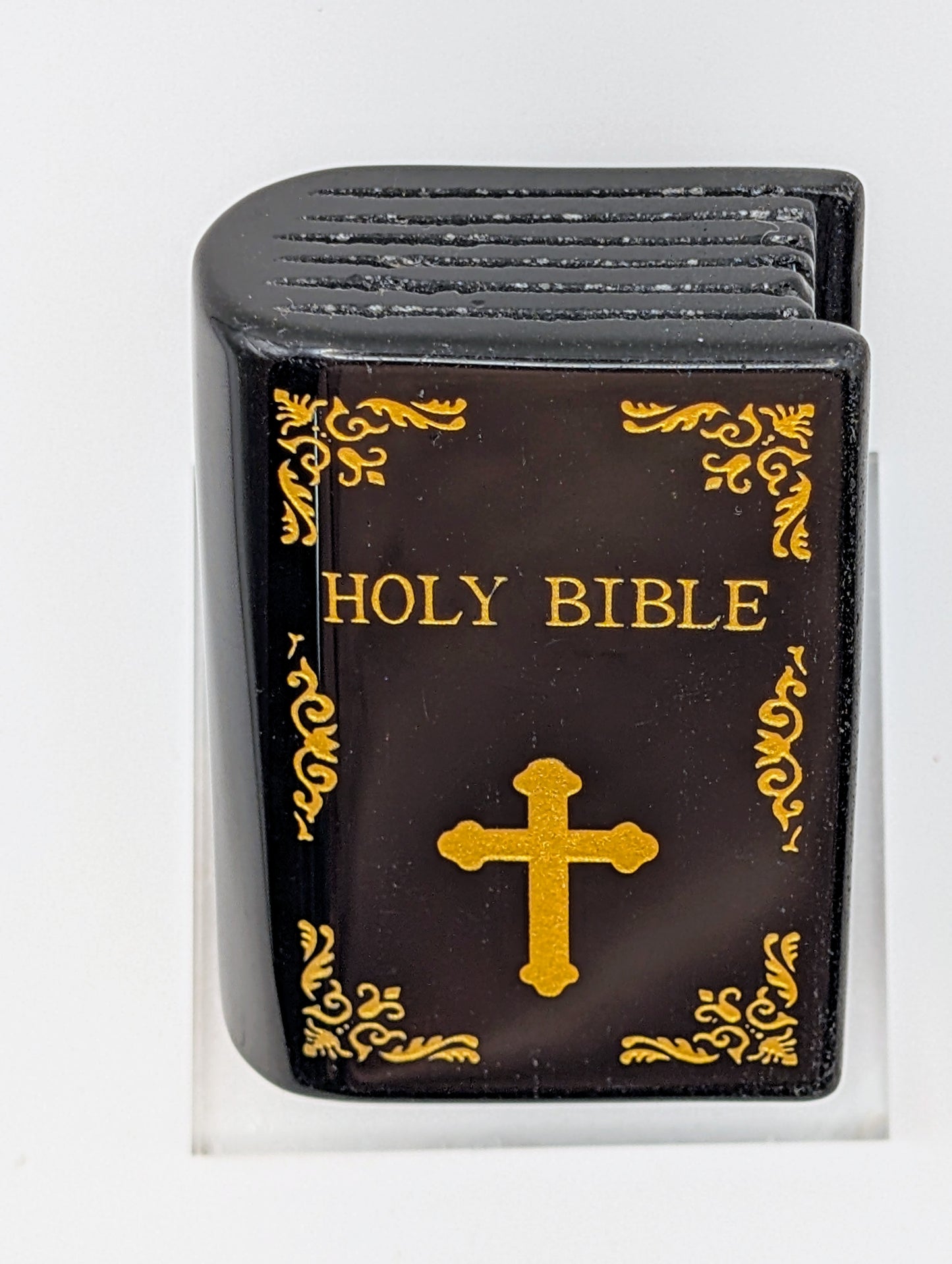 Gorgeous Shiny Black Obsidian Crystal Holy Bible Carving with Golden Intricate Detailing comes with a display stand