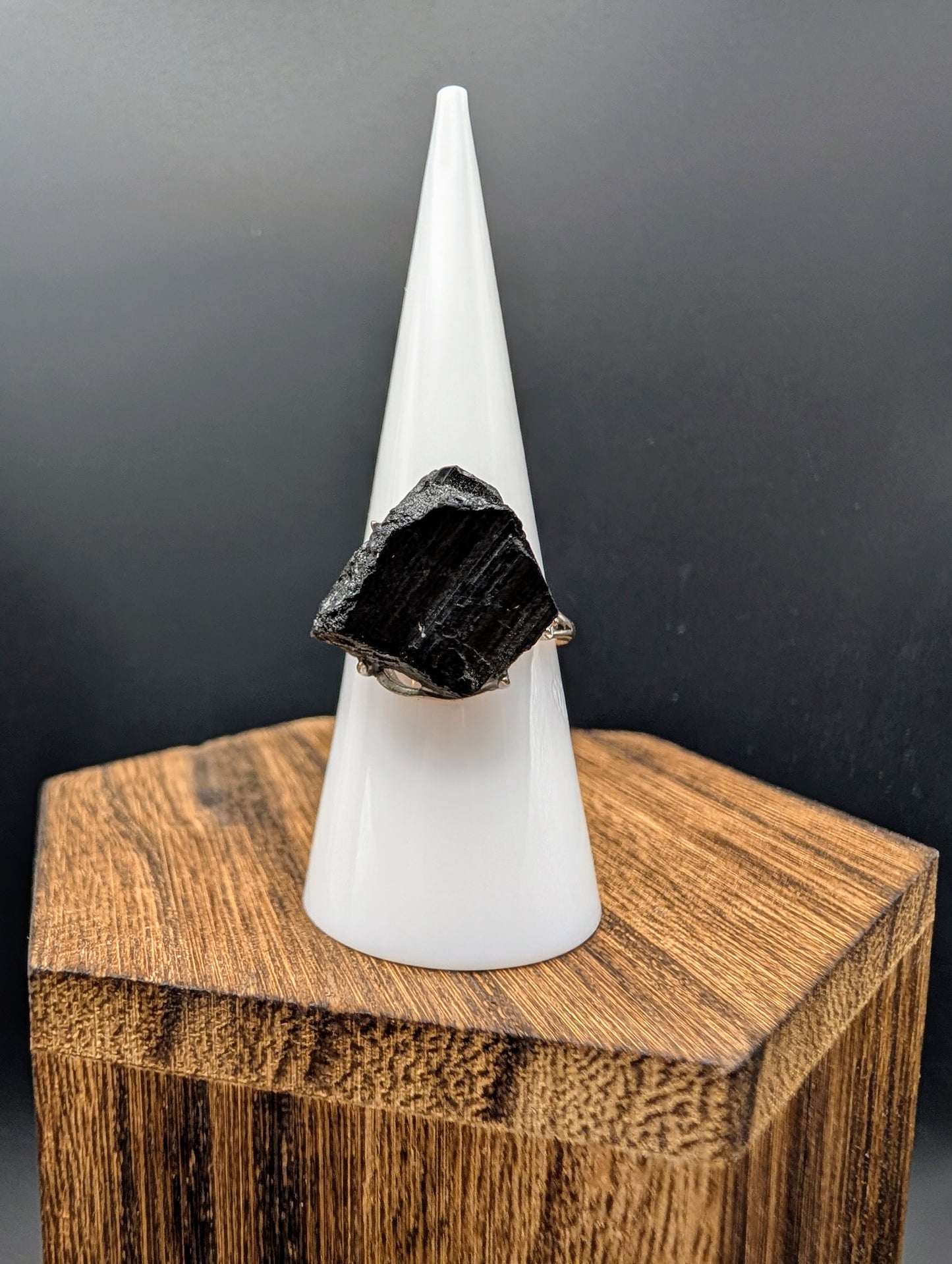 Black Tourmaline Raw Stone on 925 Silver Adjustable Band