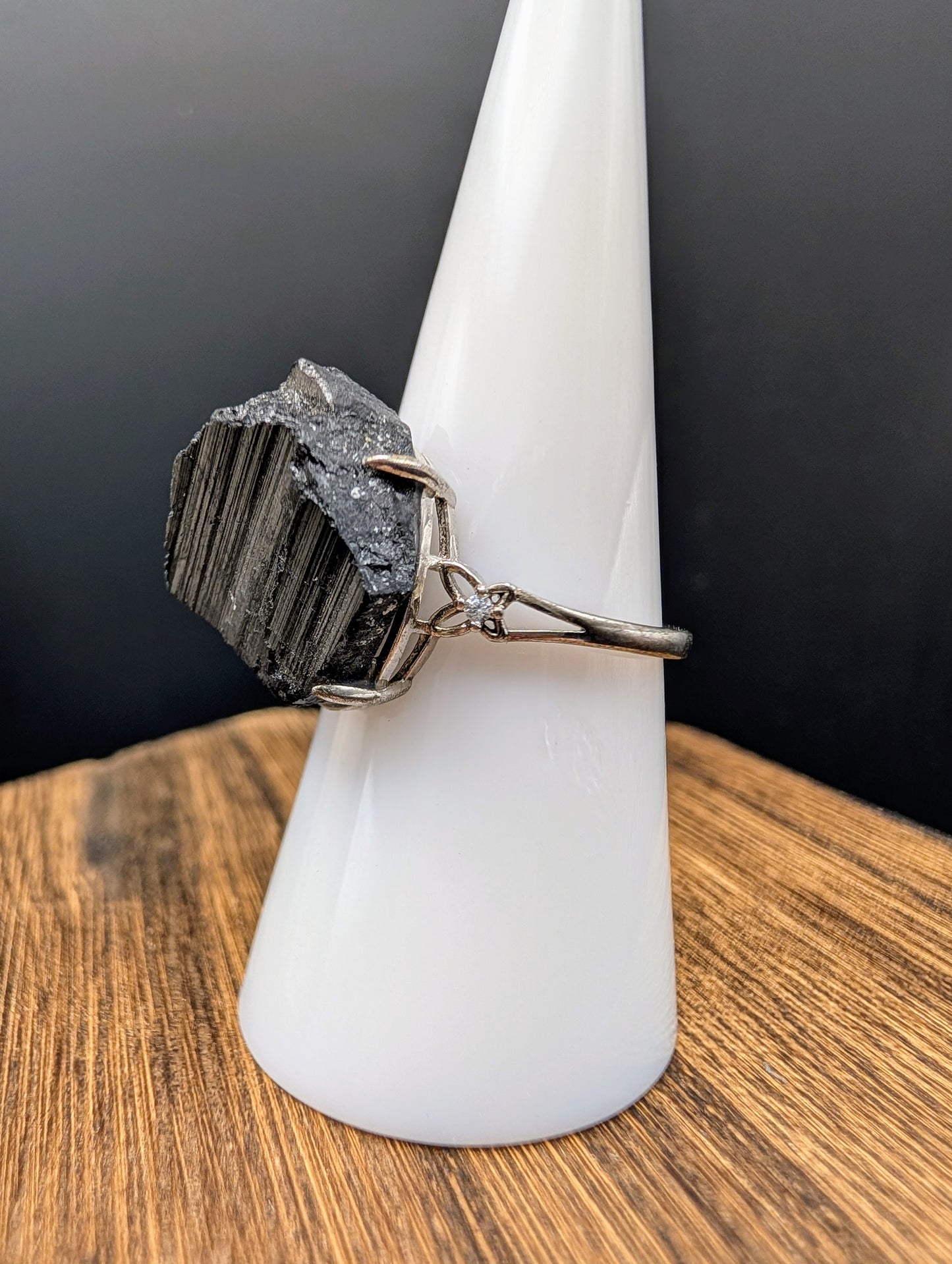 Black Tourmaline Raw Stone on 925 Silver Adjustable Band
