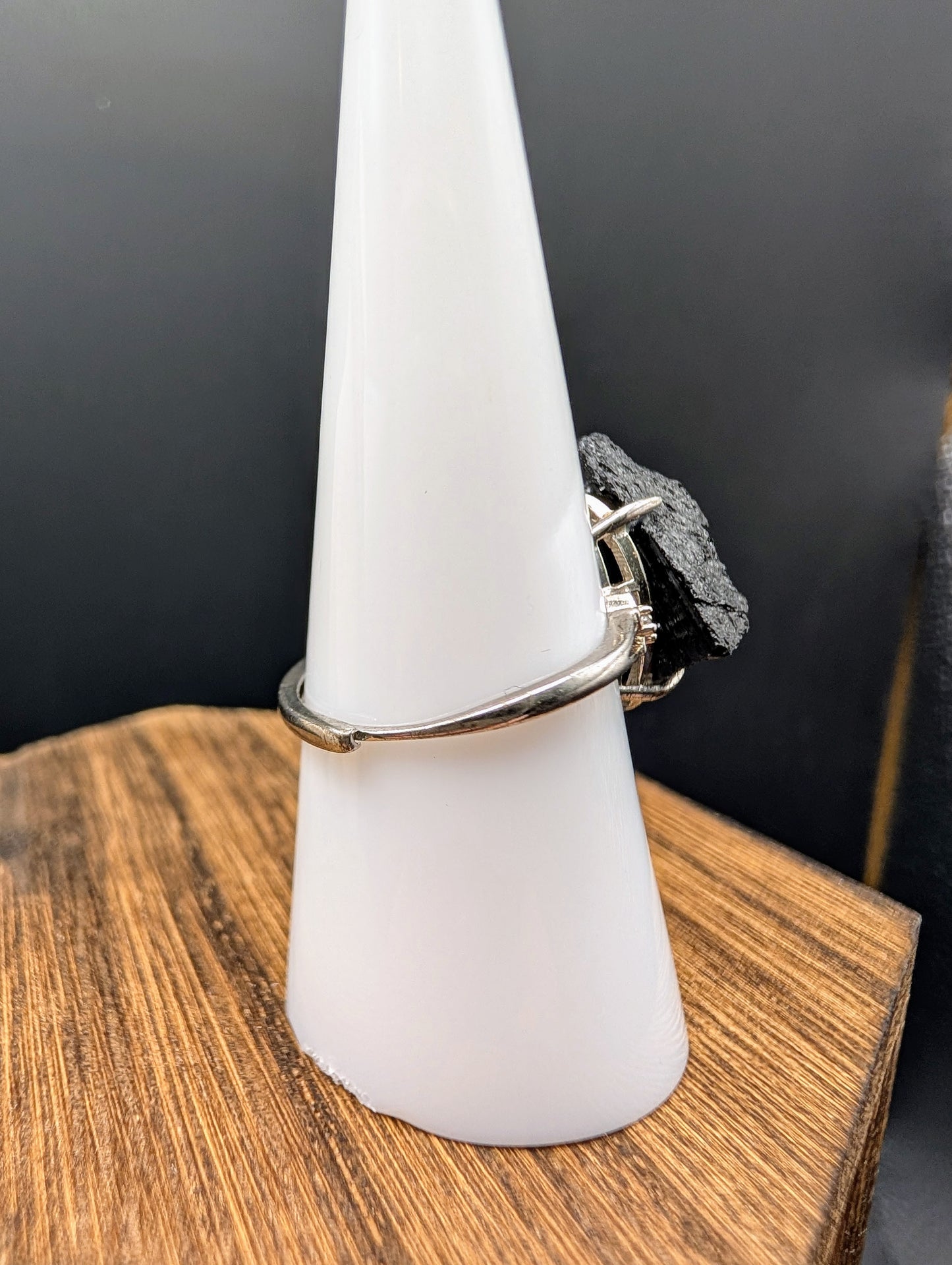 Black Tourmaline Raw Stone on 925 Silver Adjustable Band