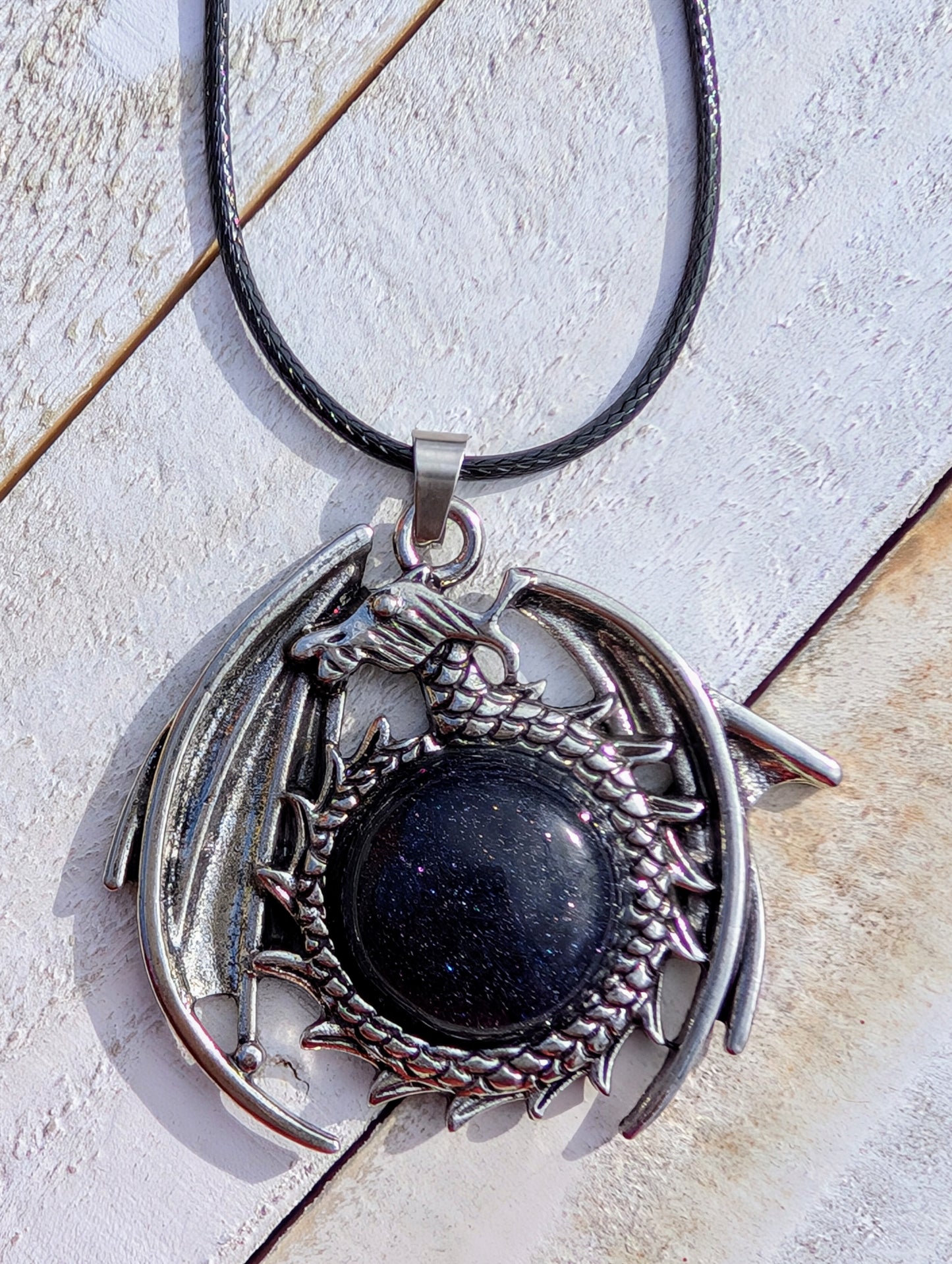 Silver Dragon with Crystal Pendant on Black Wax Rope Chain