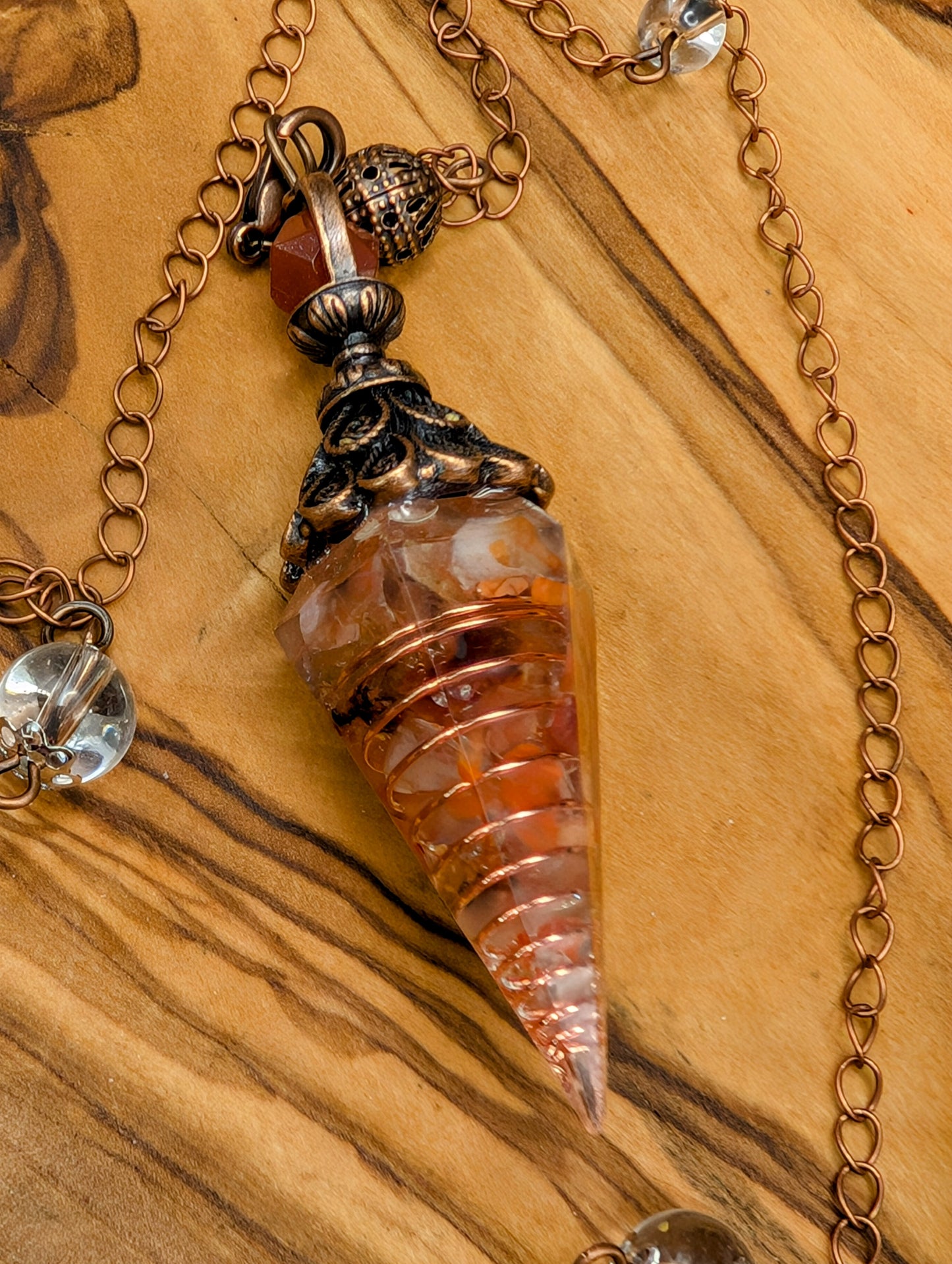 Resin Pendulum With Copper Wire and Crystal Chips & Clear Quartz Beads for Balance
