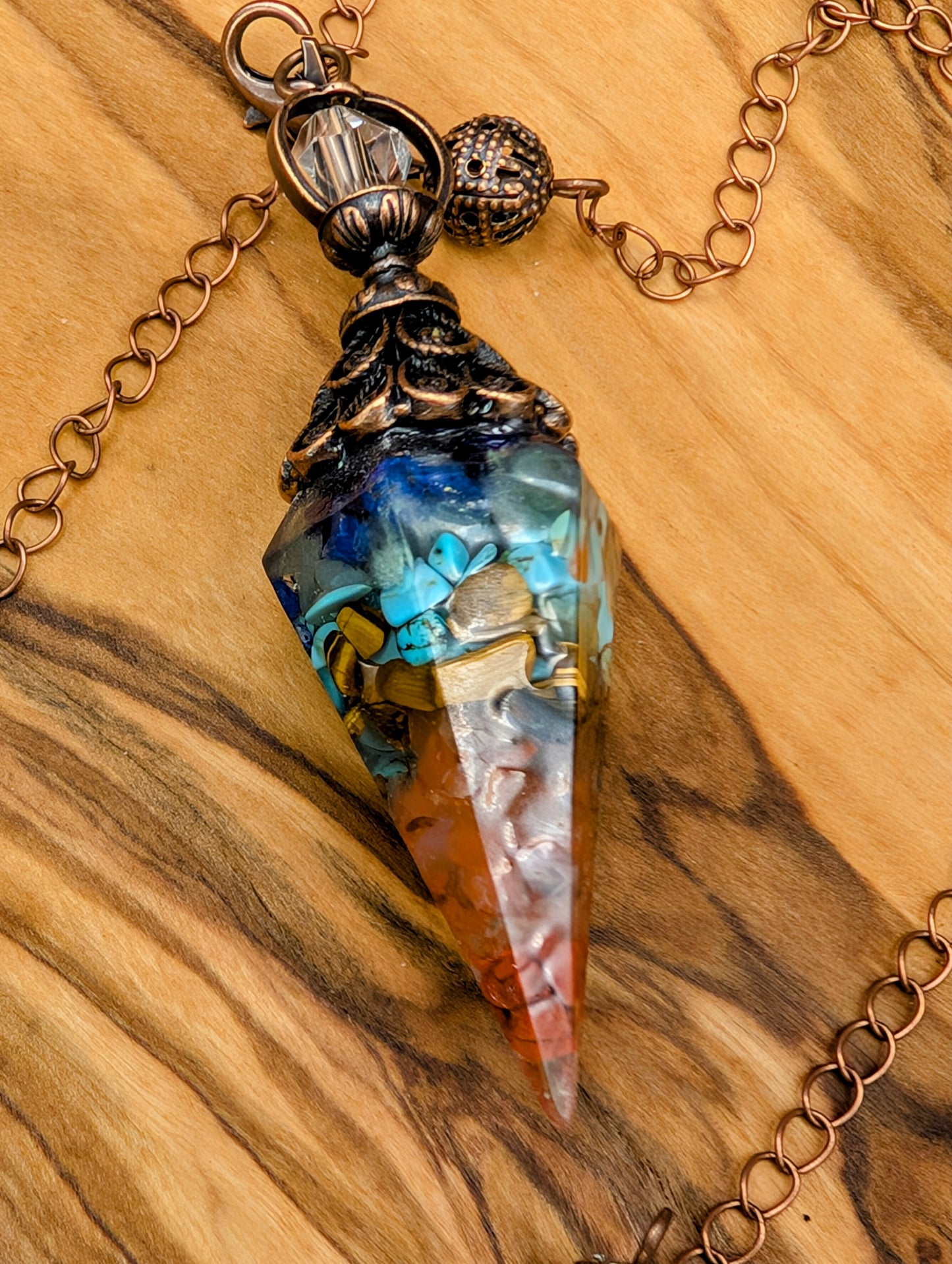 Resin Pendulum With Copper Wire and Crystal Chips & Clear Quartz Beads for Balance