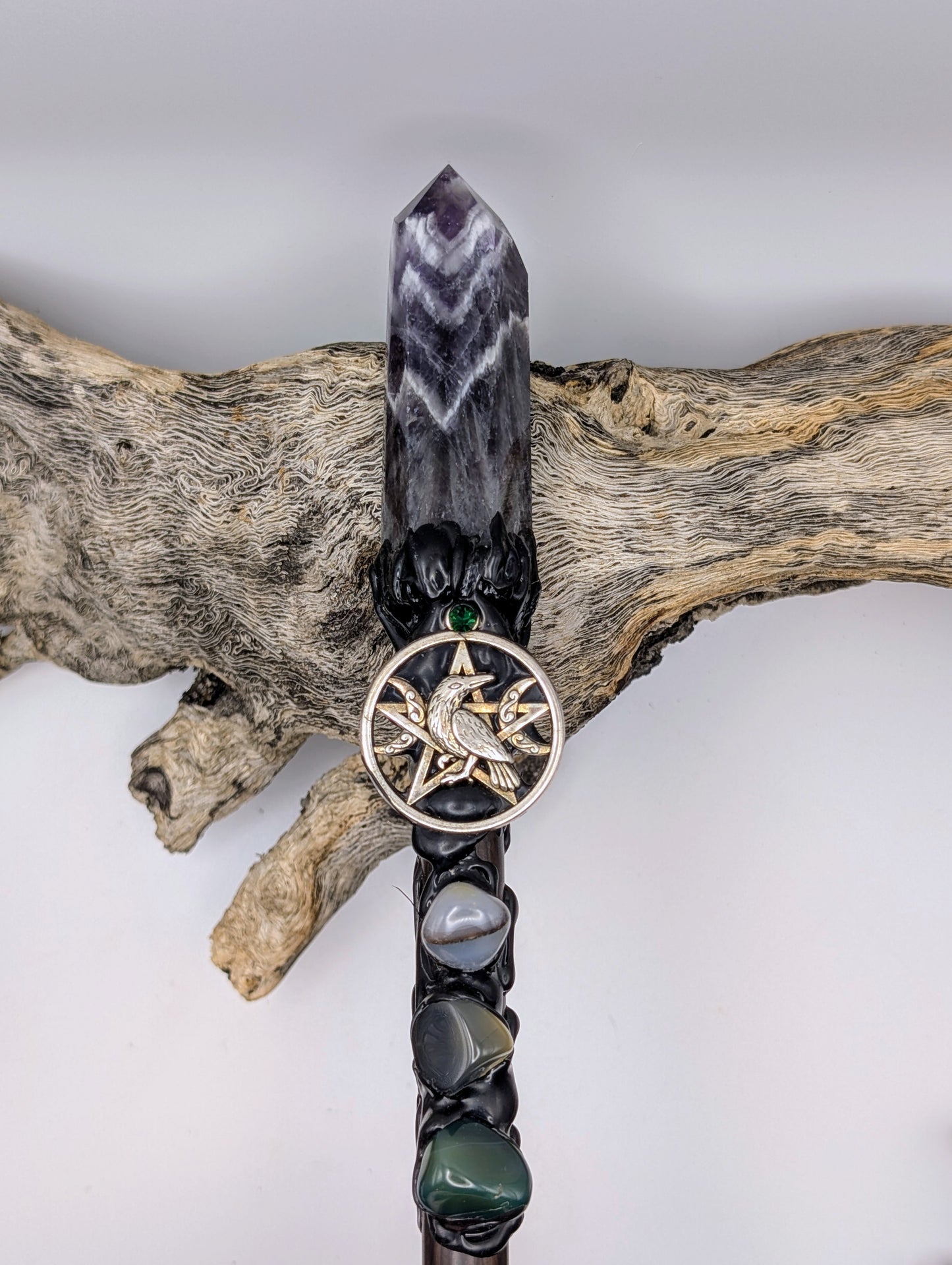 Chevron Amethyst Point Crystal Magick Wand adorned with crystal tumble stones, mahogany obsidian stone and silver pentagram with crescent moons and a raven