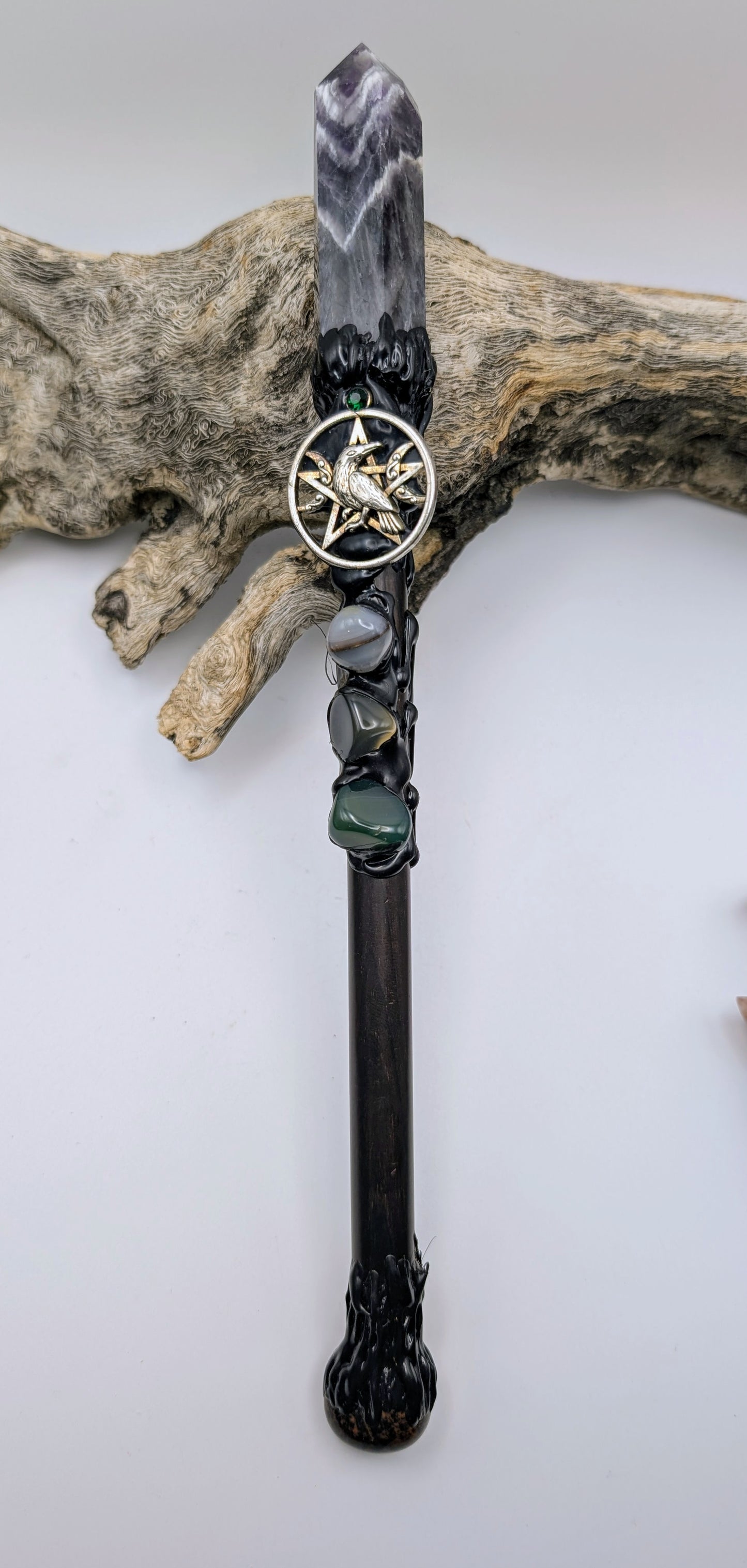 Chevron Amethyst Point Crystal Magick Wand adorned with crystal tumble stones, mahogany obsidian stone and silver pentagram with crescent moons and a raven