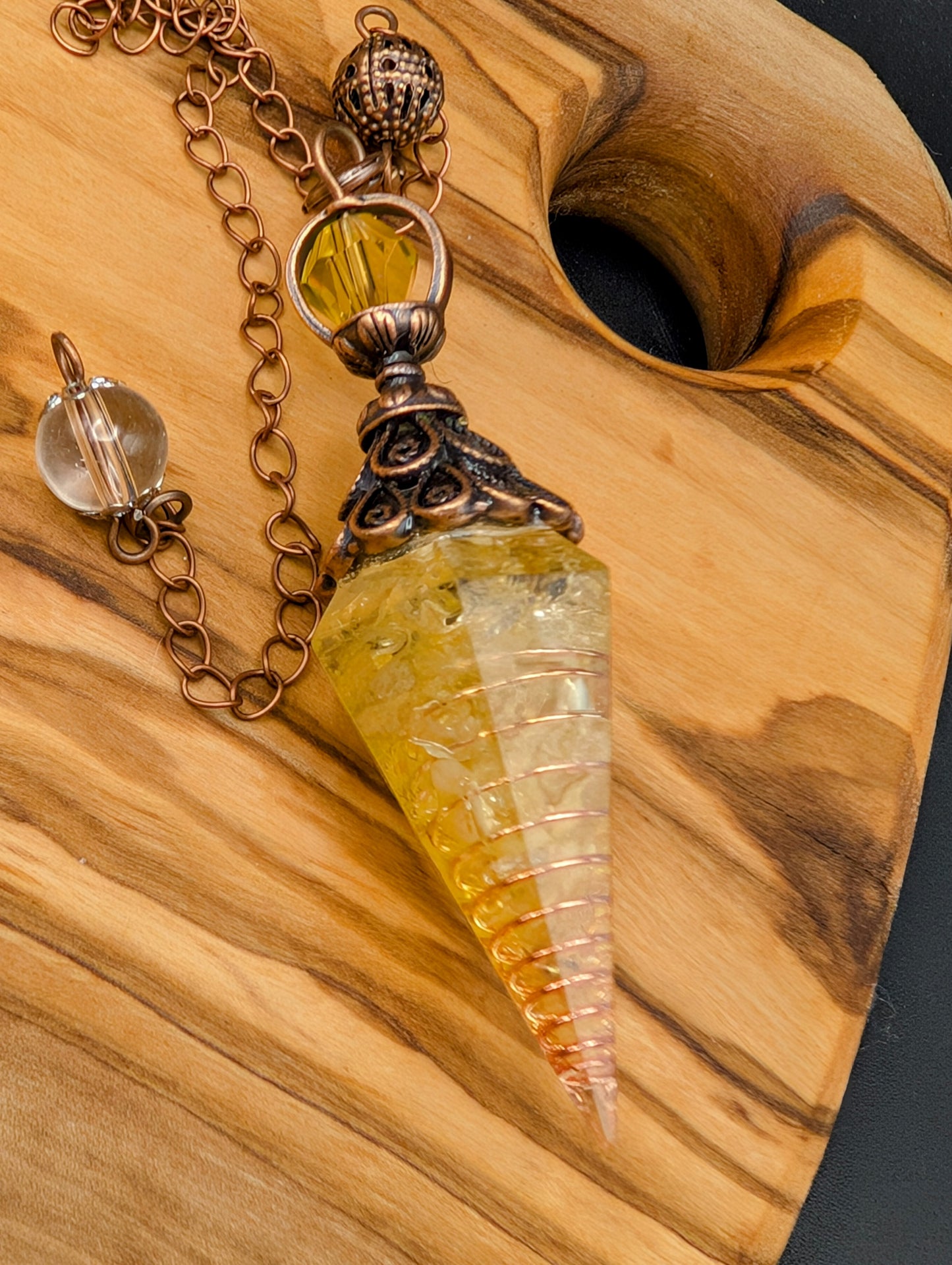 Resin Pendulum With Copper Wire and Crystal Chips & Clear Quartz Beads for Balance