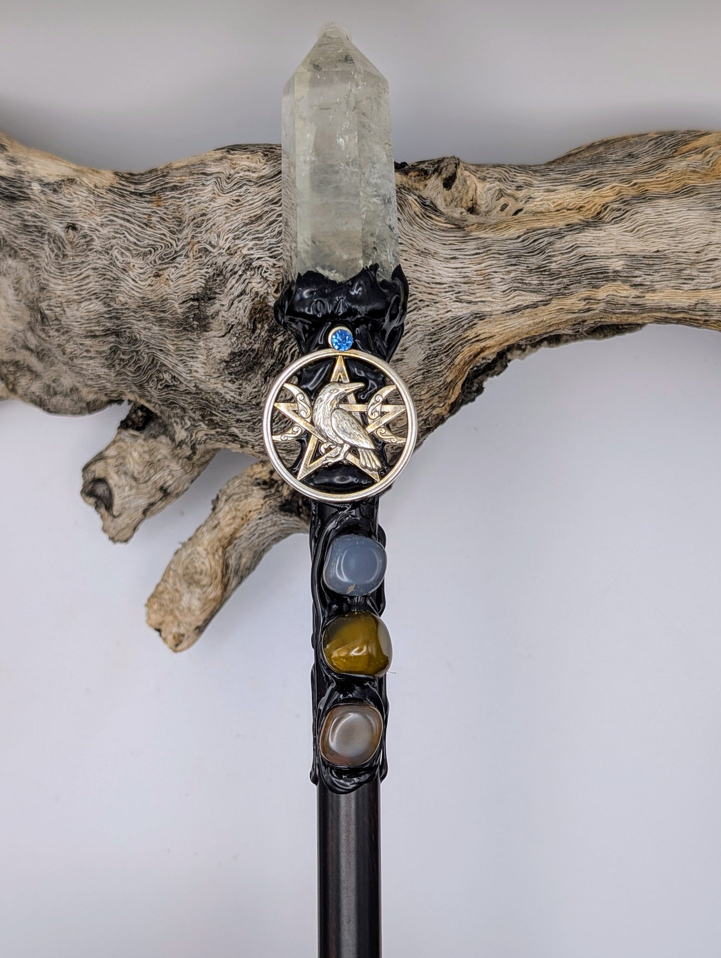 Clear Quartz with Tourmaline Point Crystal Magick Wand adorned with crystal tumble stones, amethyst stone and silver pentagram with crescent moons and a raven