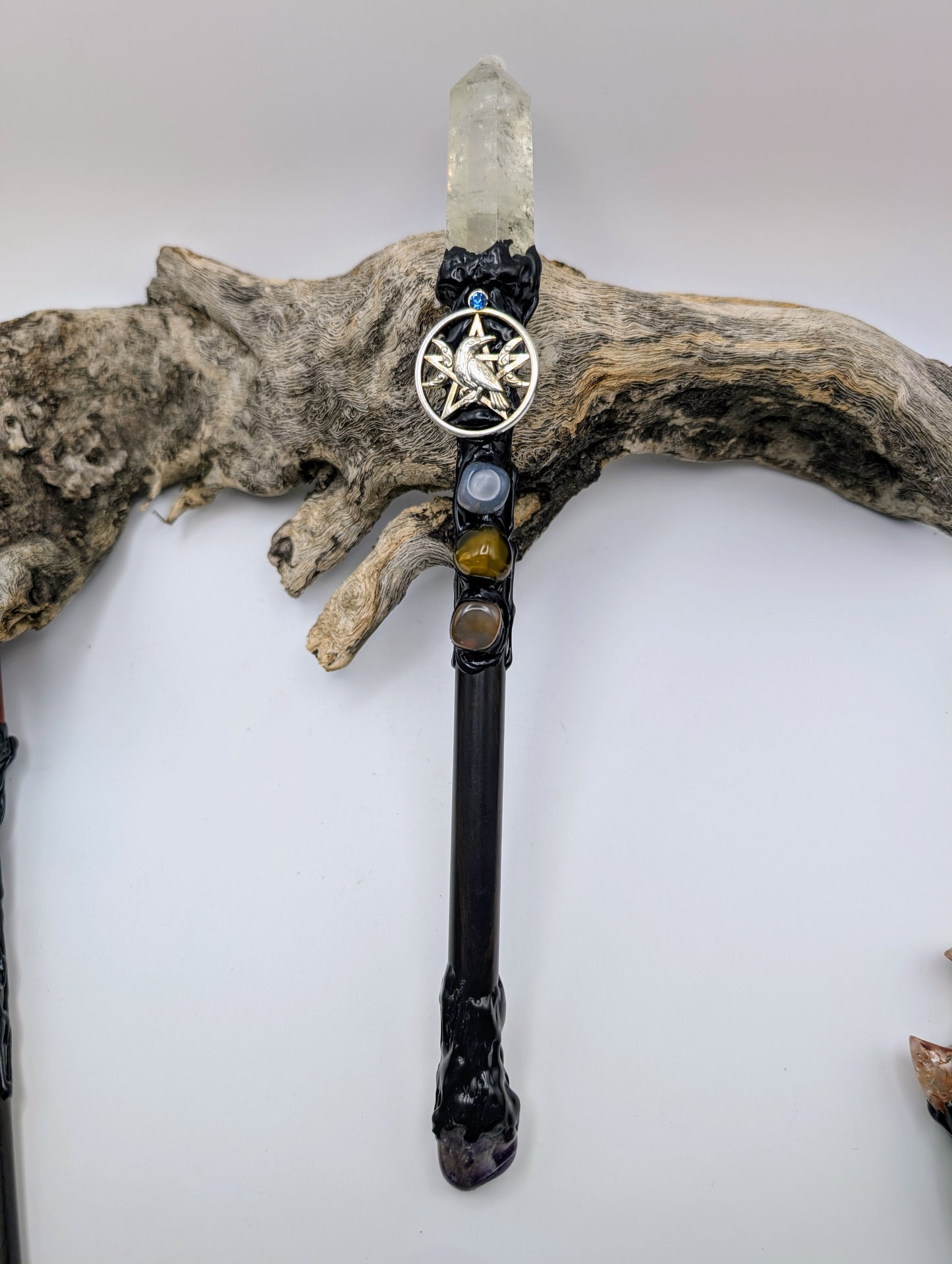 Clear Quartz with Tourmaline Point Crystal Magick Wand adorned with crystal tumble stones, amethyst stone and silver pentagram with crescent moons and a raven