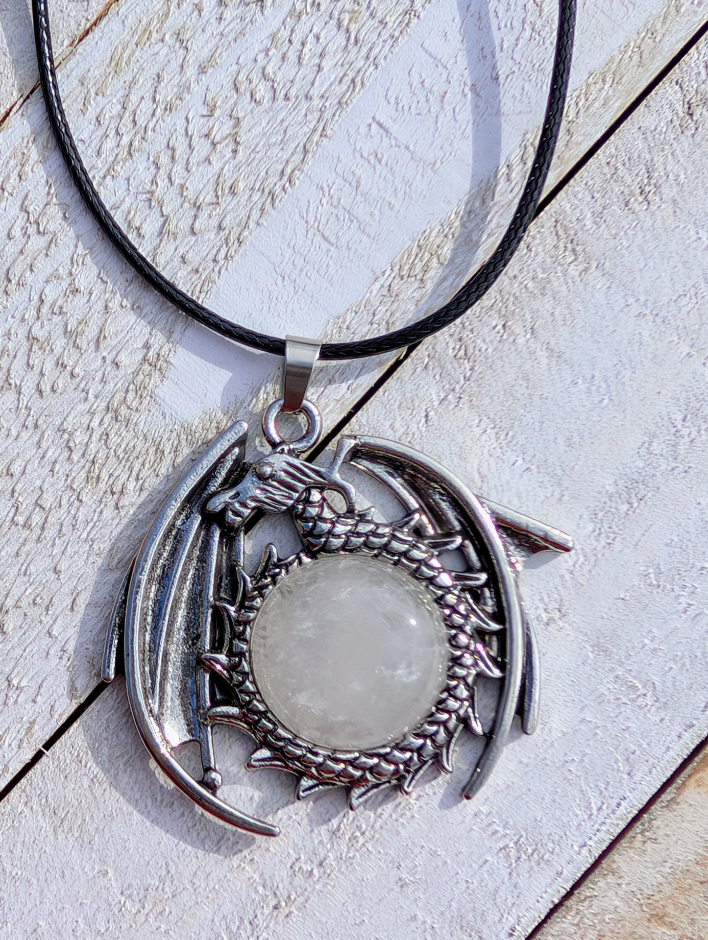 Silver Dragon with Crystal Pendant on Black Wax Rope Chain