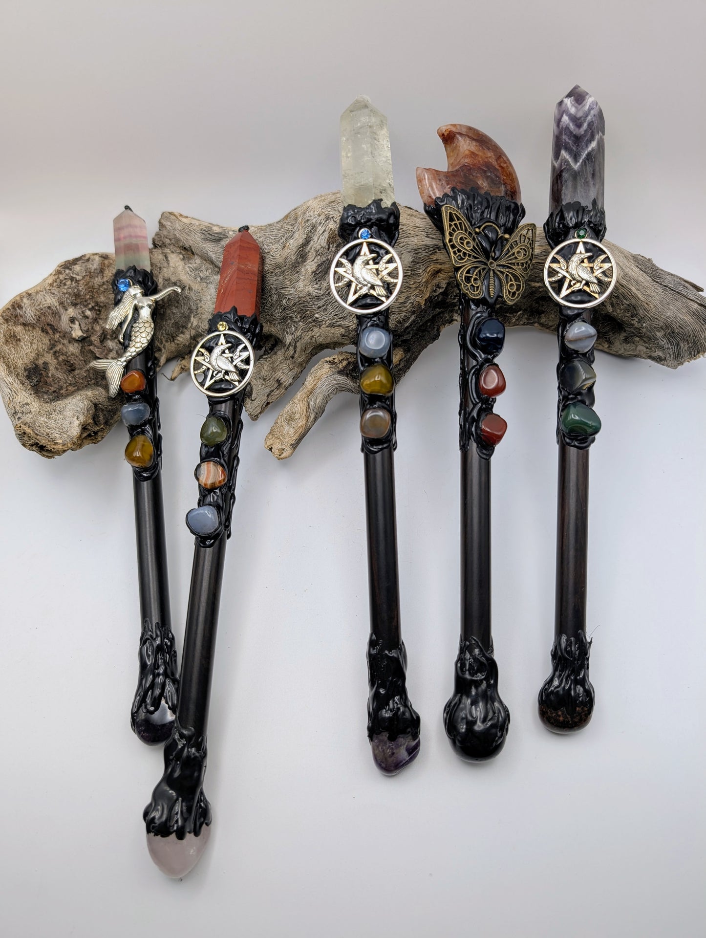 Clear Quartz with Tourmaline Point Crystal Magick Wand adorned with crystal tumble stones, amethyst stone and silver pentagram with crescent moons and a raven