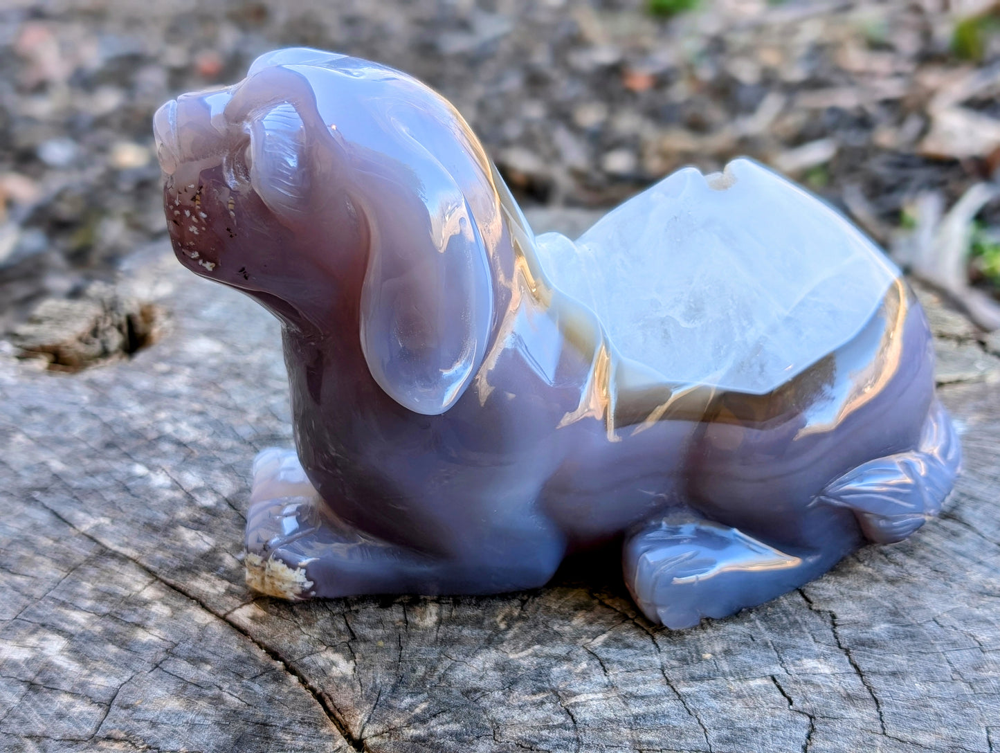 Beautiful Druzy Agate & Quartz Dog Carving - Laying Down