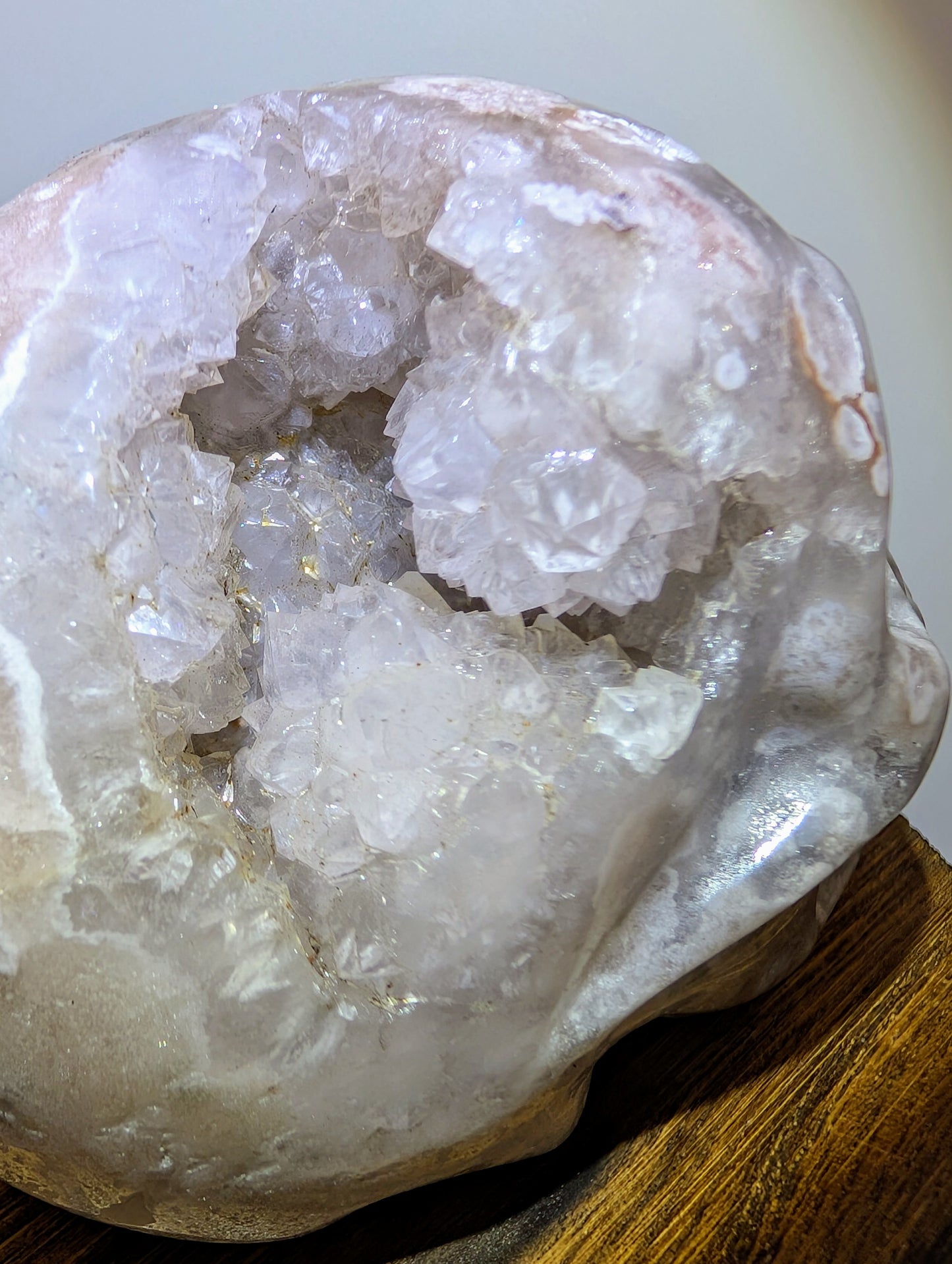 Open Druzy Flower Agate Crystal Skull with sparkling quartz crystals