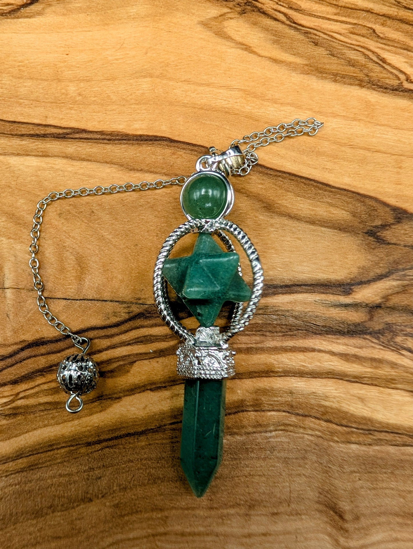 Crystal Merkaba Pendulum with Crystal Points on Silver chains
