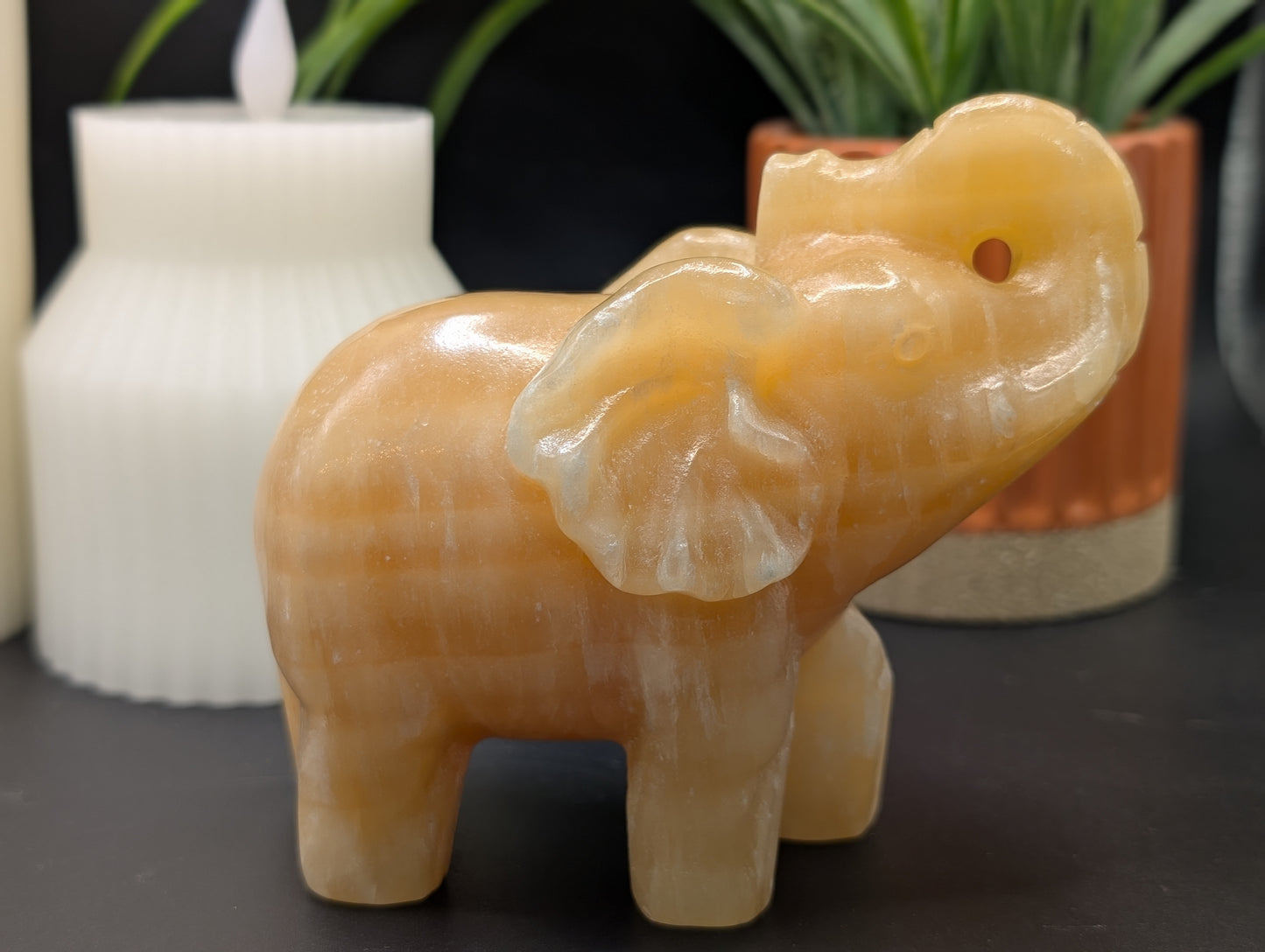 Honey Calcite Elephant Carving