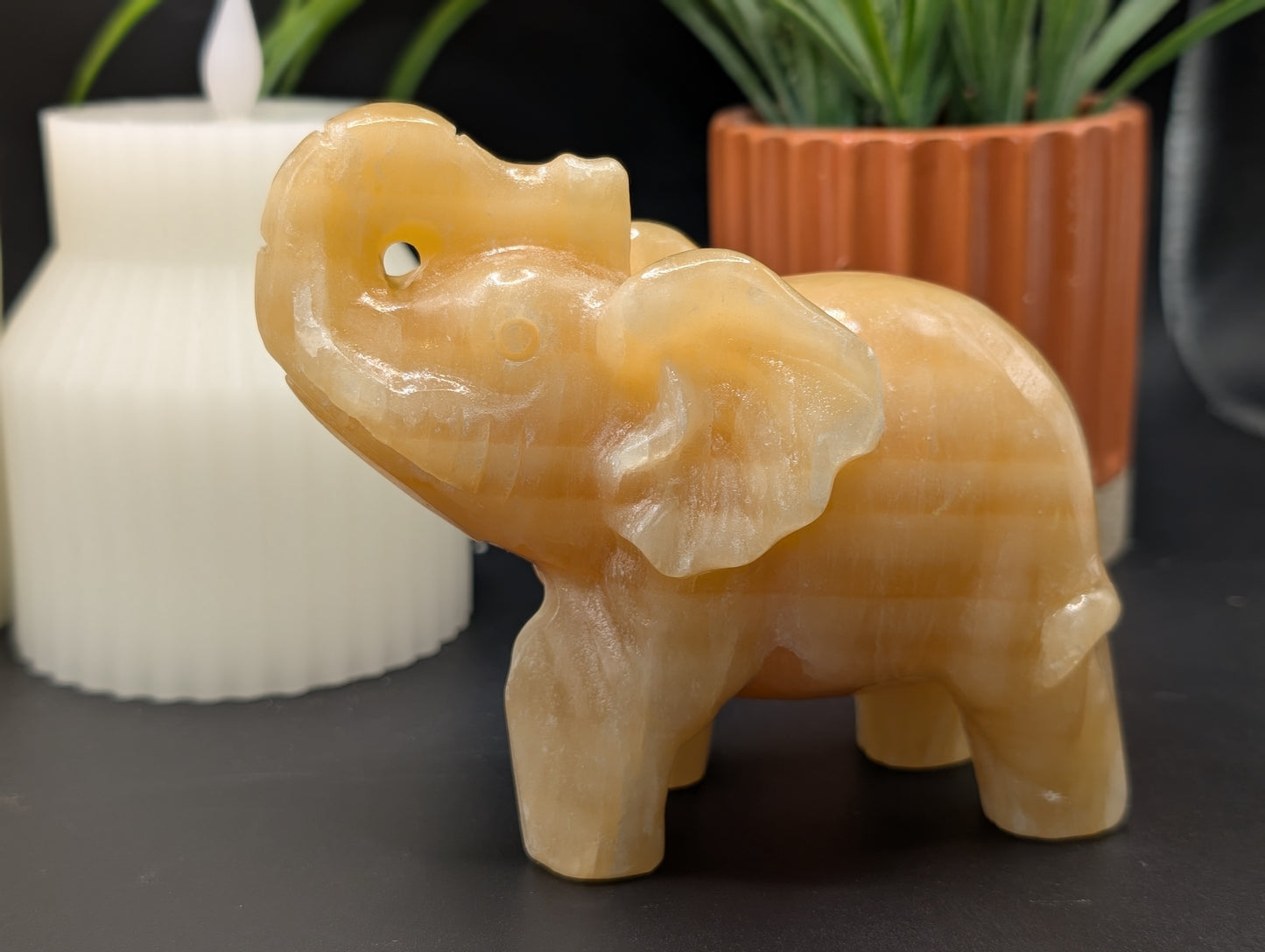 Honey Calcite Elephant Carving