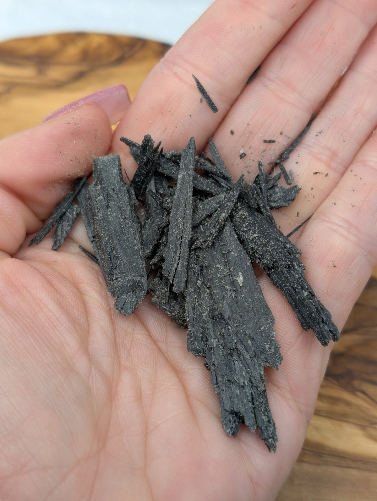 Raw Black Kyanite crystal shards and bladed formations in dark charcoal black