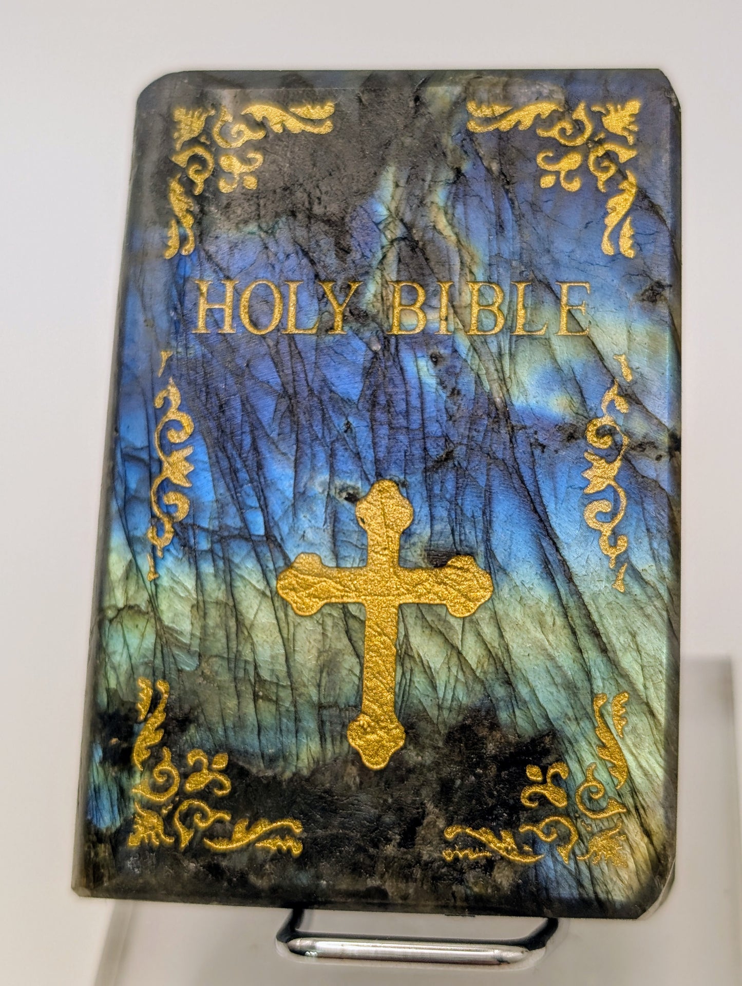 Gorgeous Flashy Labradorite Crystal Holy Bible Carvings with display stand