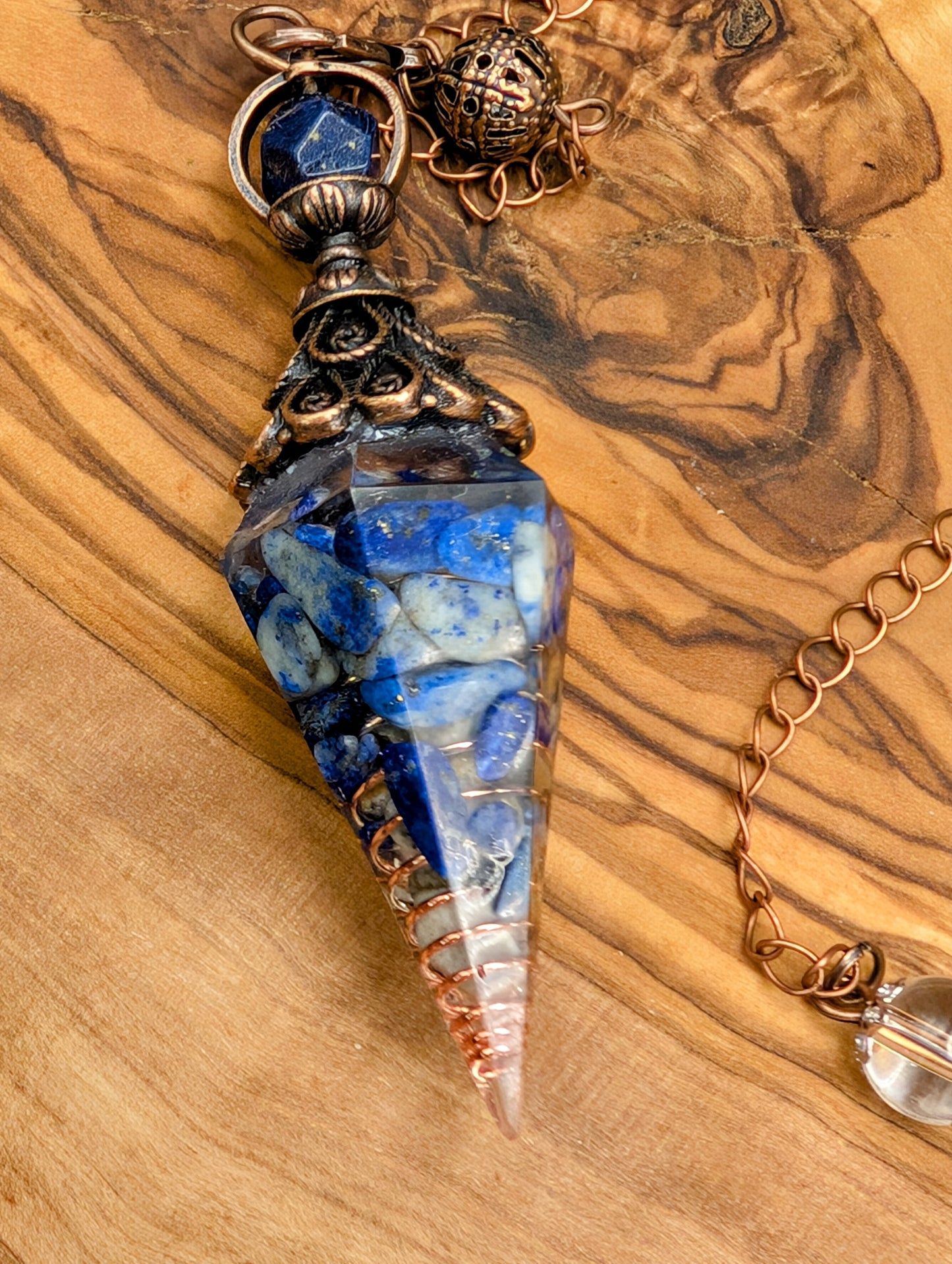 Resin Pendulum With Copper Wire and Crystal Chips & Clear Quartz Beads for Balance