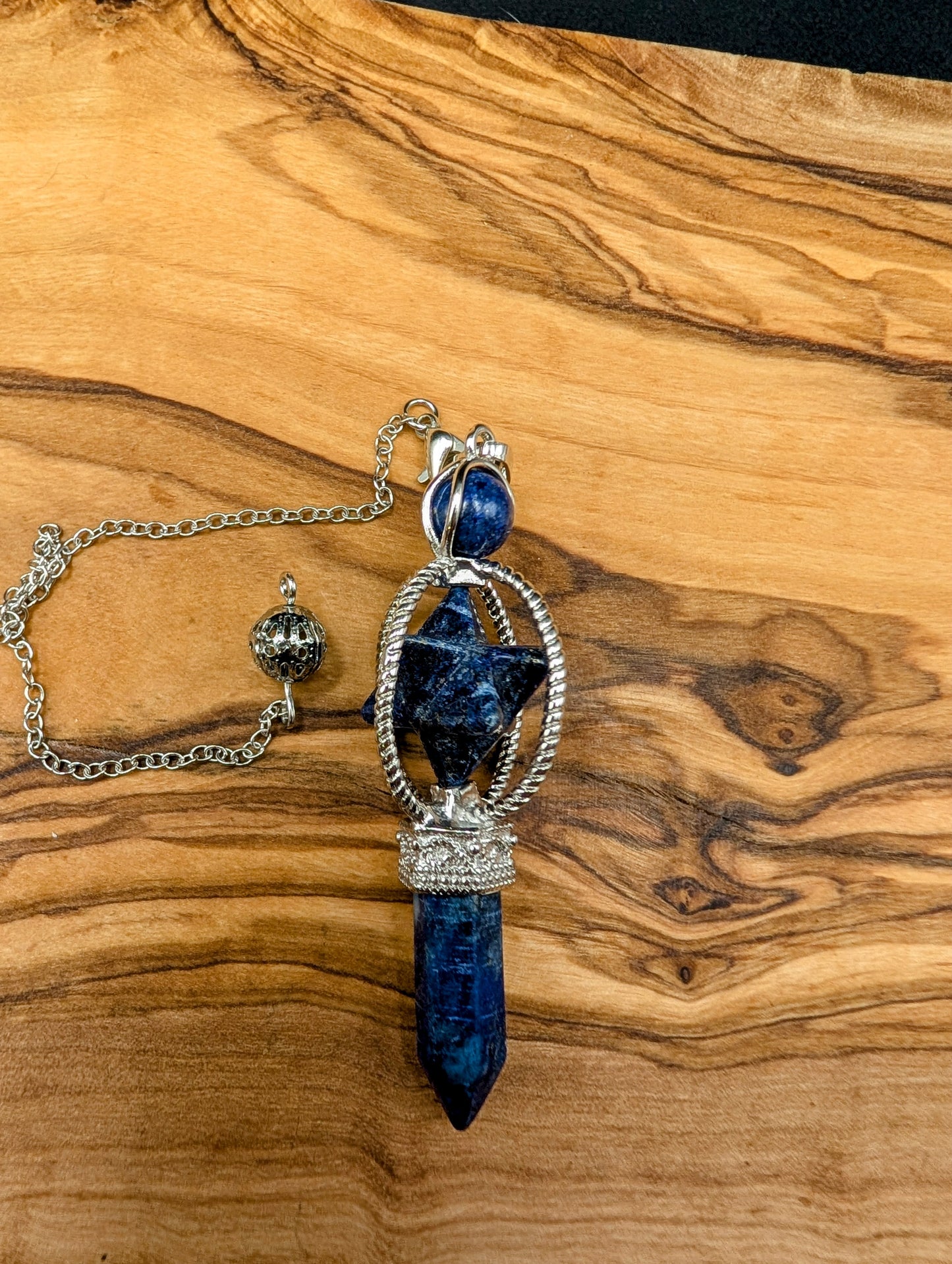 Crystal Merkaba Pendulum with Crystal Points on Silver chains