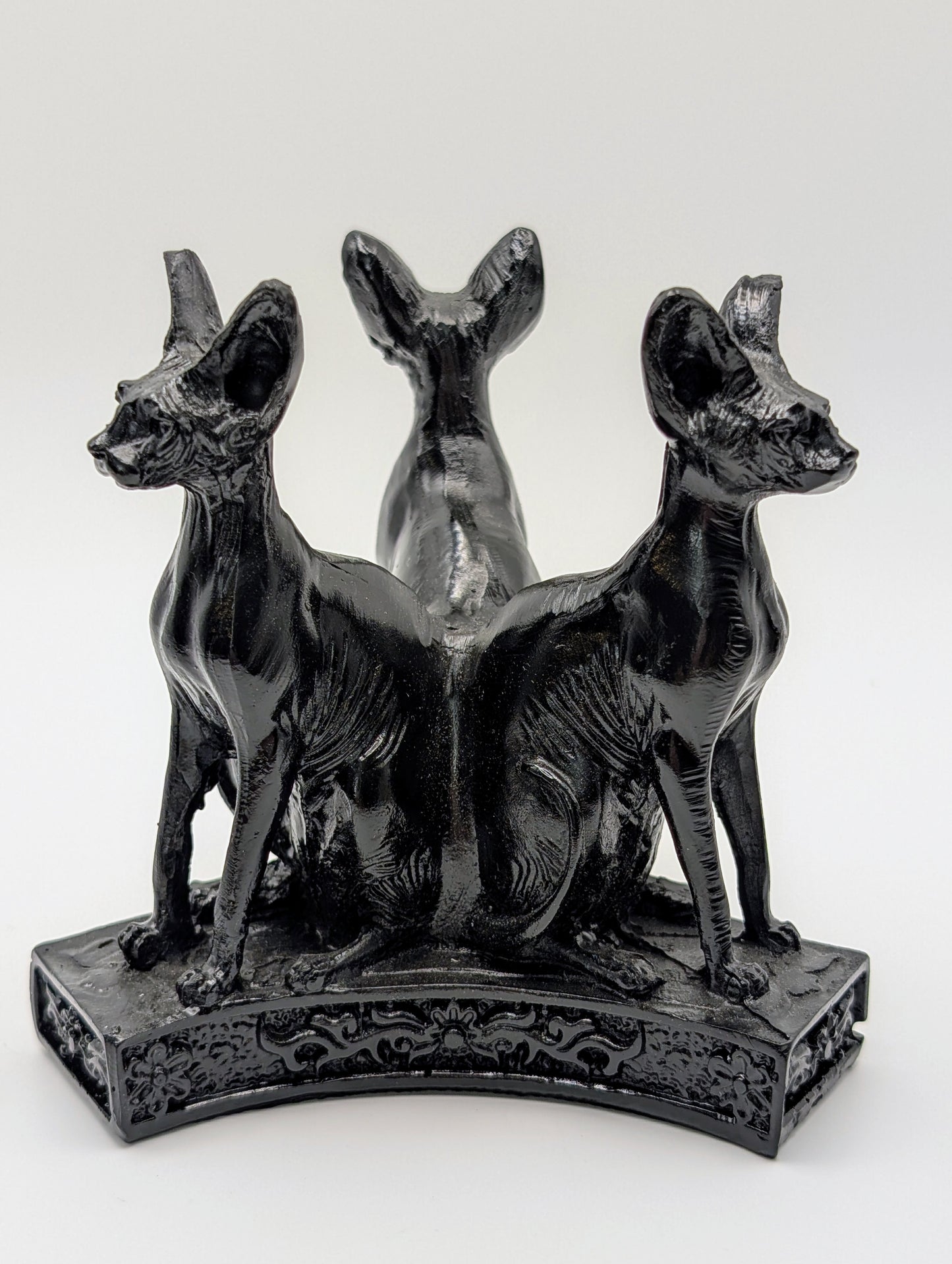 Triple Sphynx Cat Sphere Holder – Large Black Resin Stand with Silver Detailing for Medium to Extra Large Spheres