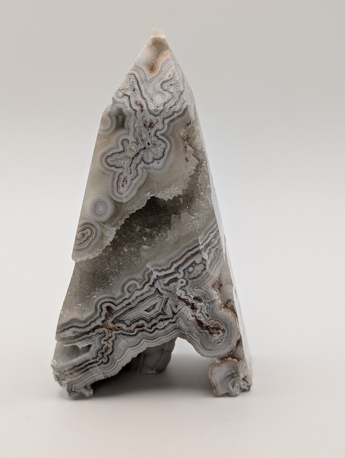 Mexican Crazy Lace Agate Tower with Druzy Quartz – Stunning Banding and Sparkling Crystals