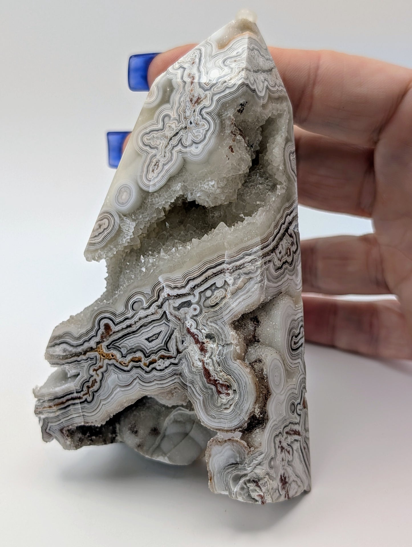 Mexican Crazy Lace Agate Tower with Druzy Quartz – Stunning Banding and Sparkling Crystals