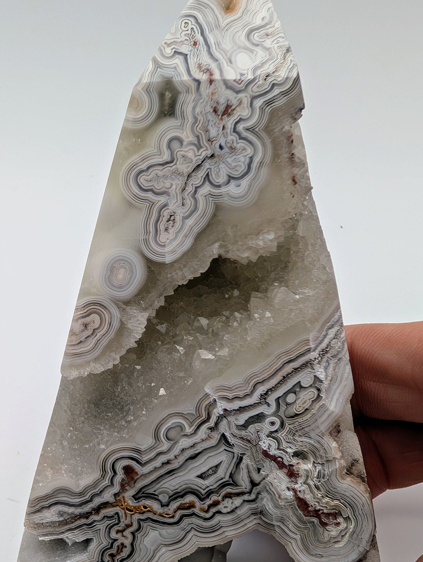 Mexican Crazy Lace Agate Tower with Druzy Quartz – Stunning Banding and Sparkling Crystals